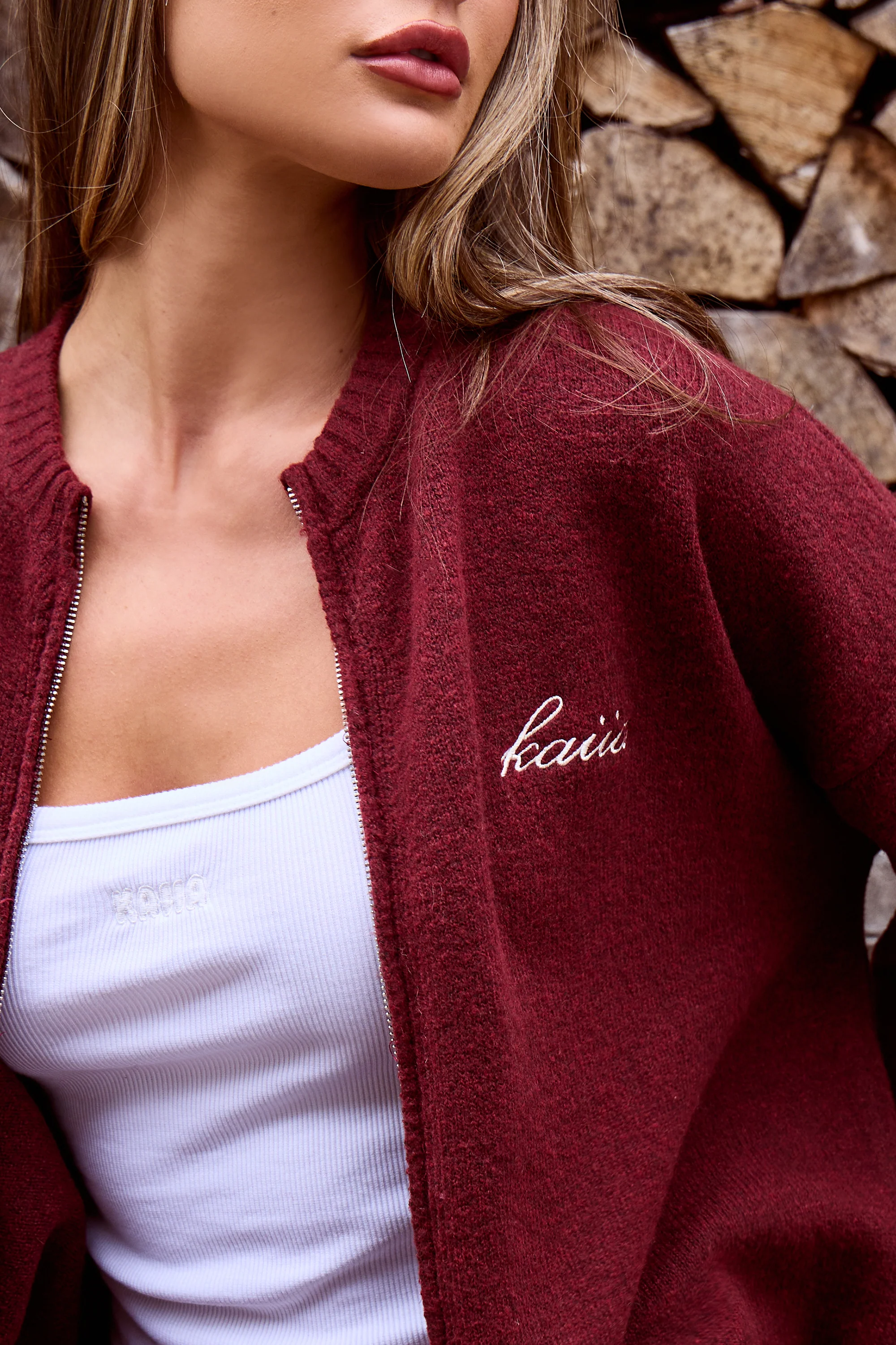 Kaiia Knit Zip Up Bomber Style Cardigan Burgundy - Image 2