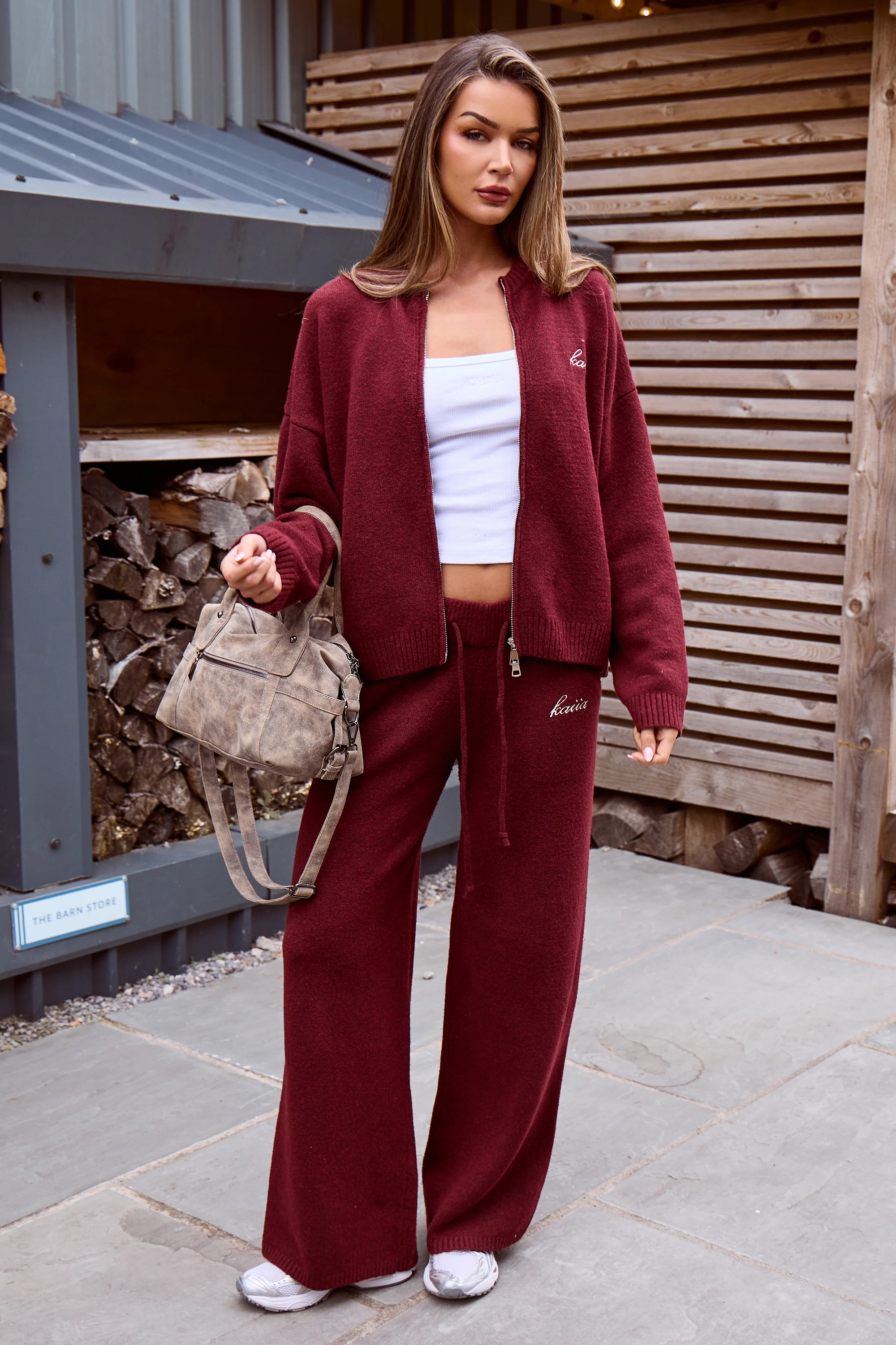 Kaiia Knit Zip Up Bomber Style Cardigan Burgundy - Image 3