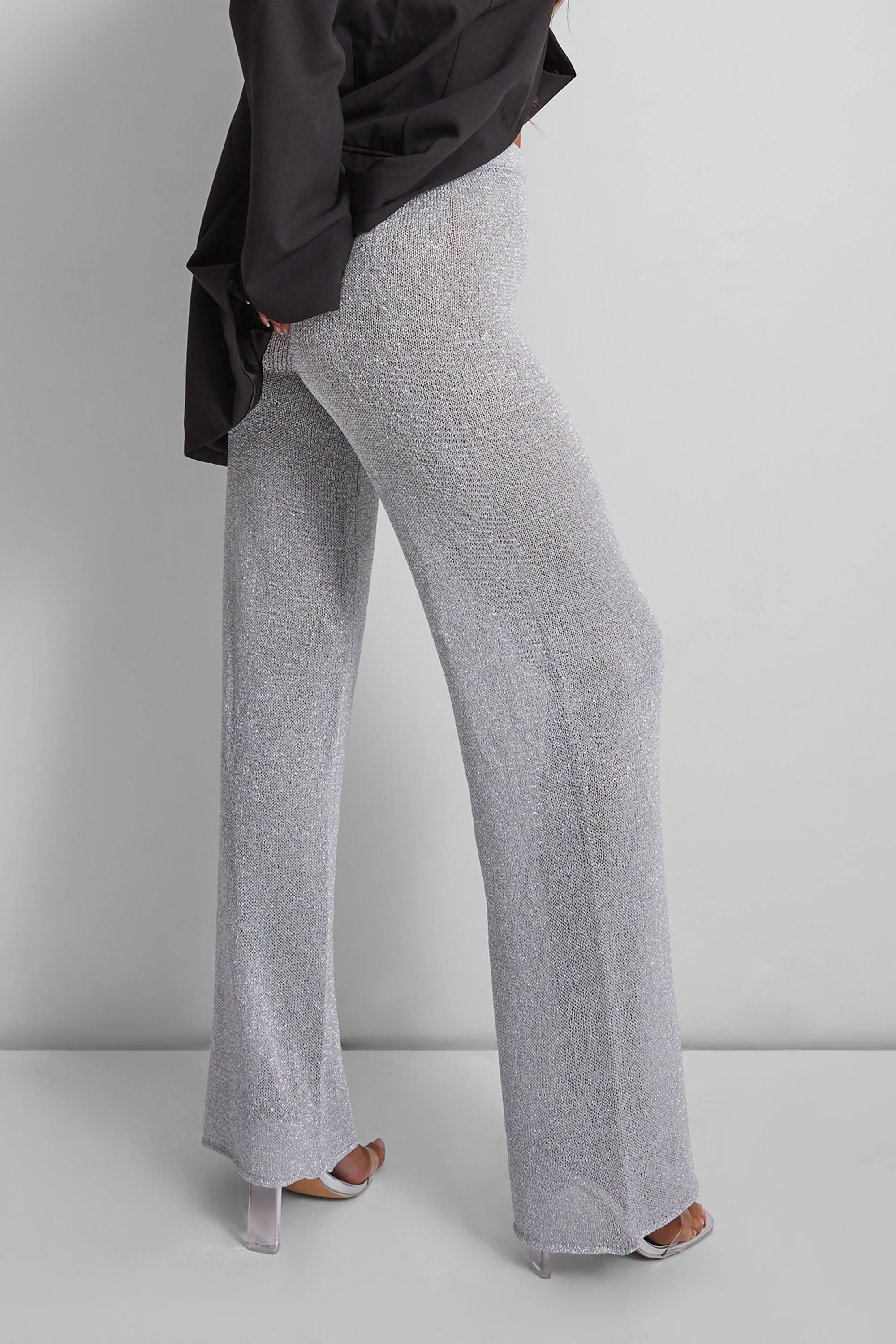 Kaiia Knitted Metallic Flared Trousers Co-ord in Silver - Image 3
