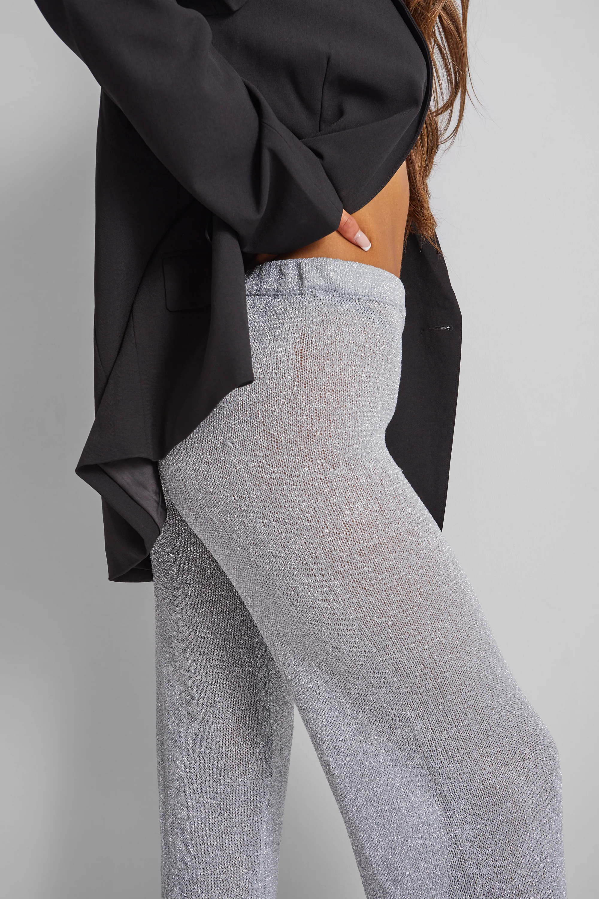 Kaiia Knitted Metallic Flared Trousers Co-ord in Silver - Image 4