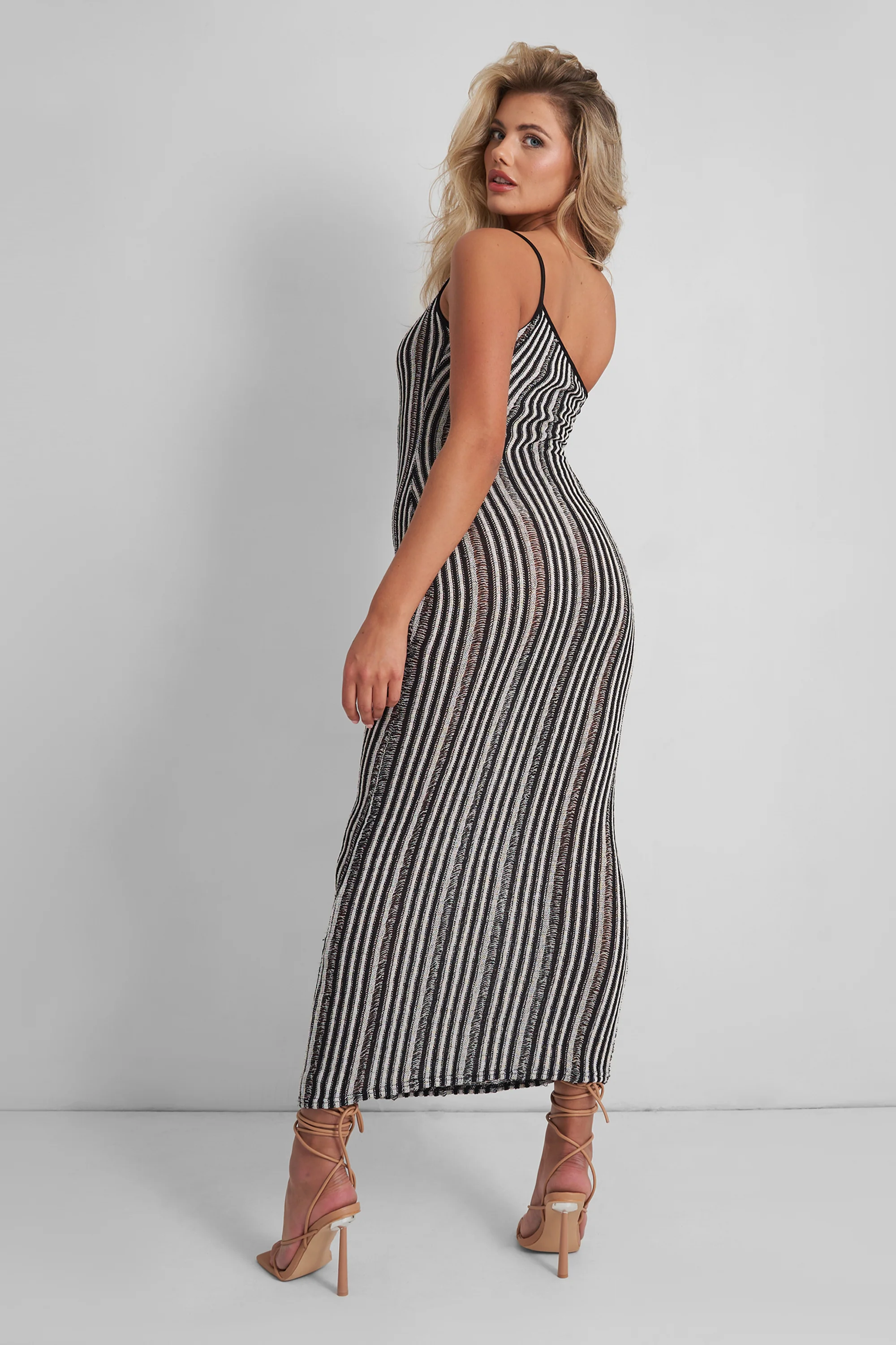 Kaiia Knitted One Shoulder Maxi Dress Black and White Stripe - Image 5