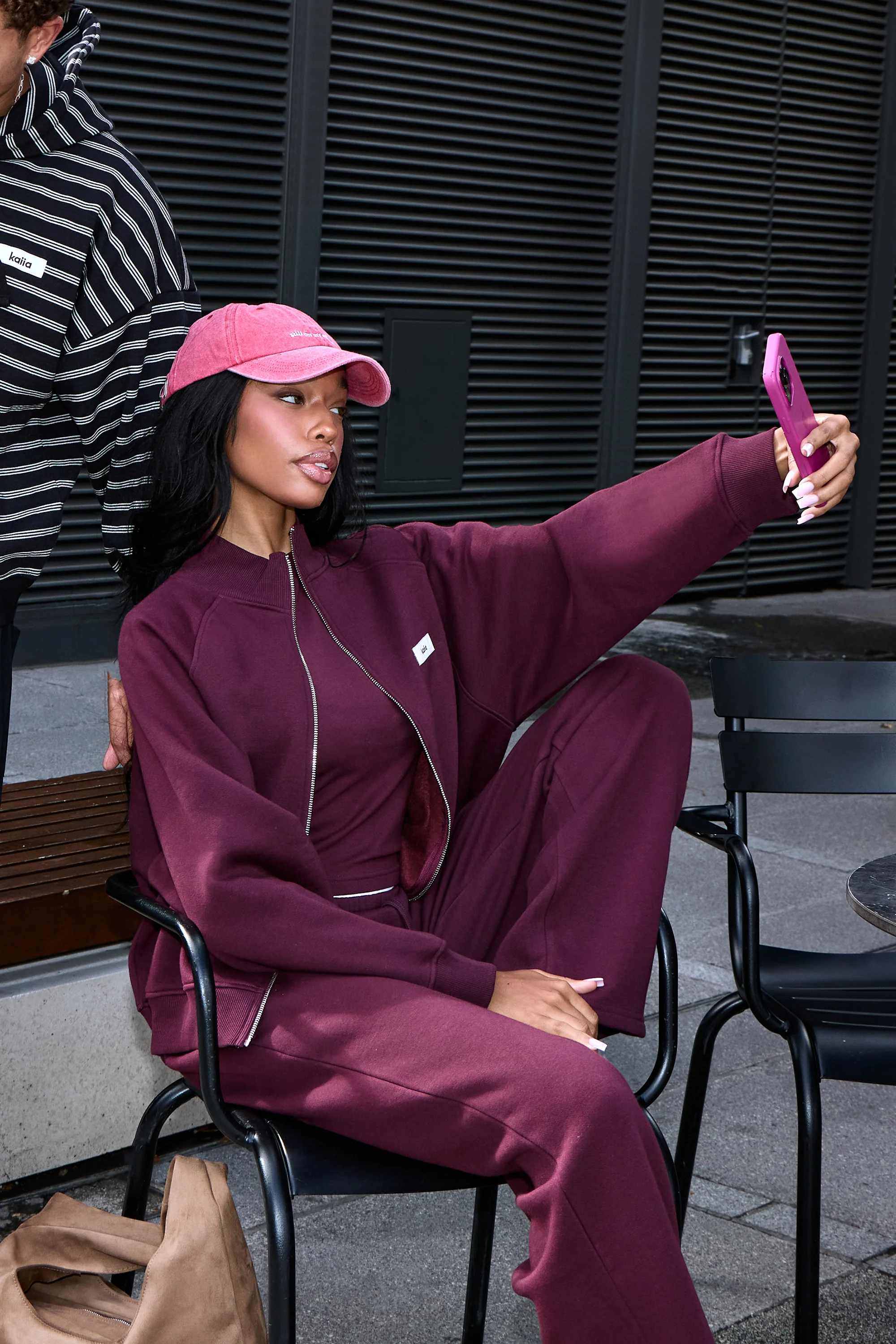 Kaiia Label Logo Boxy Zip Through Sweatshirt Plum