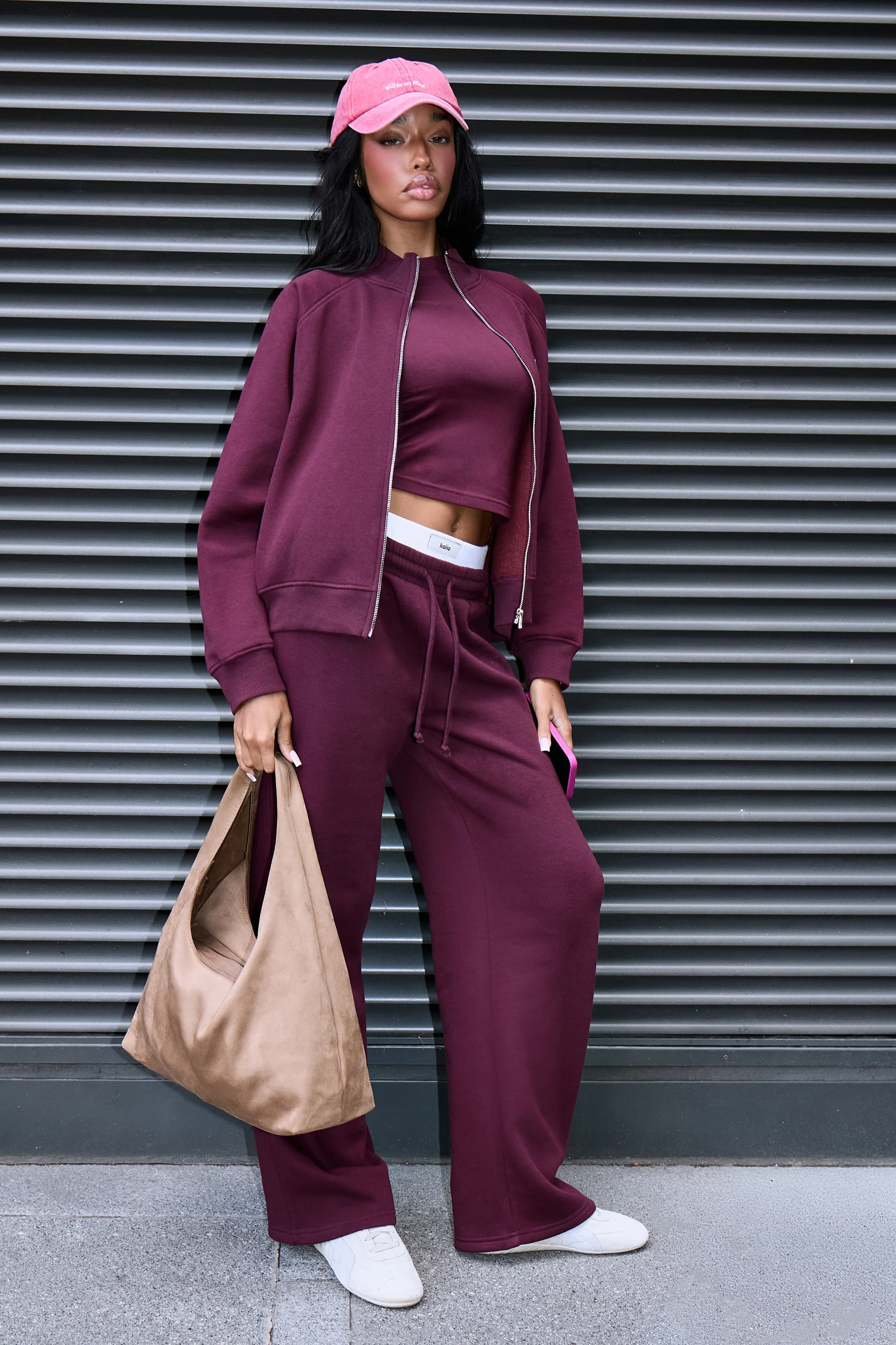 Kaiia Label Logo Boxy Zip Through Sweatshirt Plum - Image 3