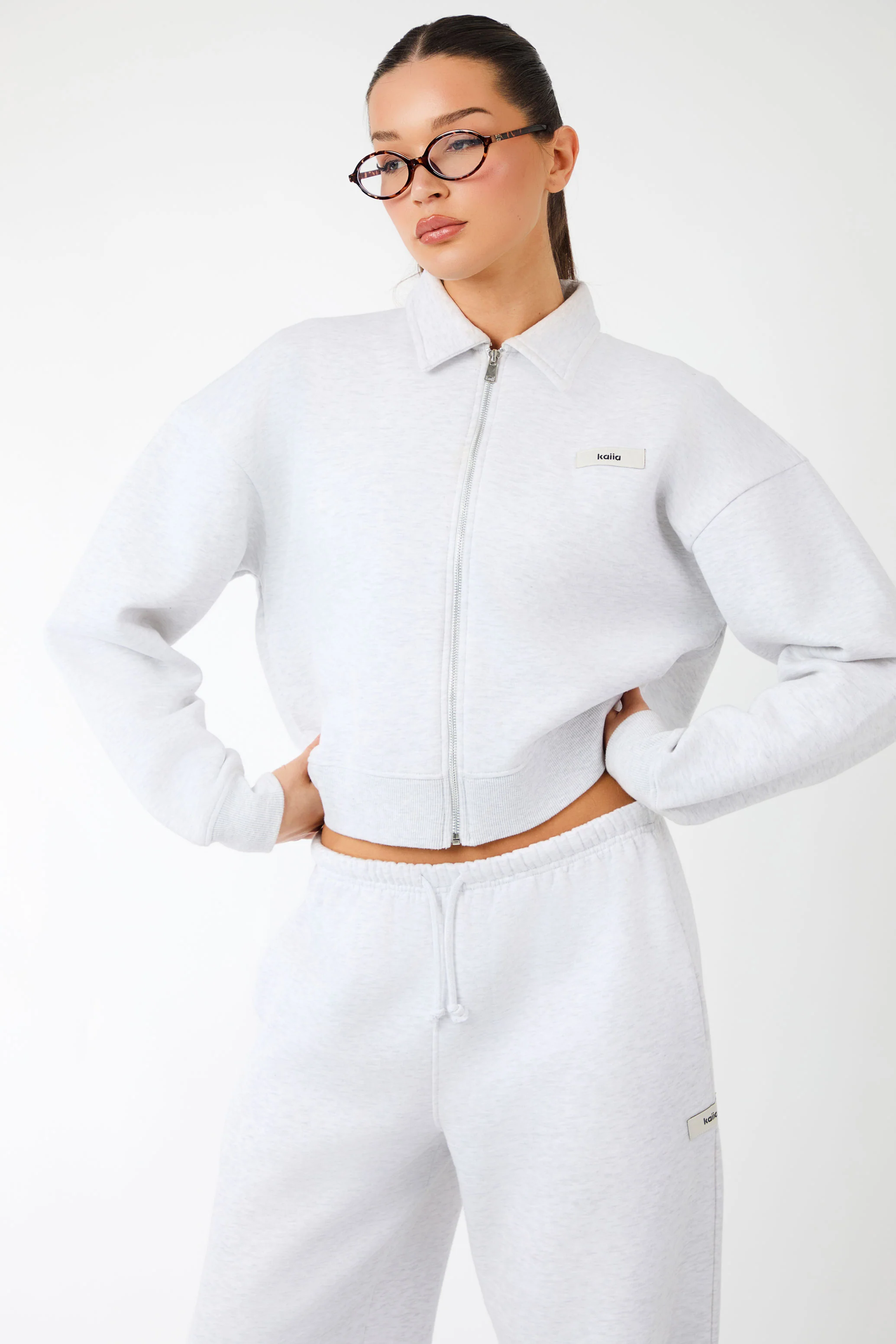 Kaiia Label Logo Collared Zip Through Sweatshirt Light Grey Marl - Image 5