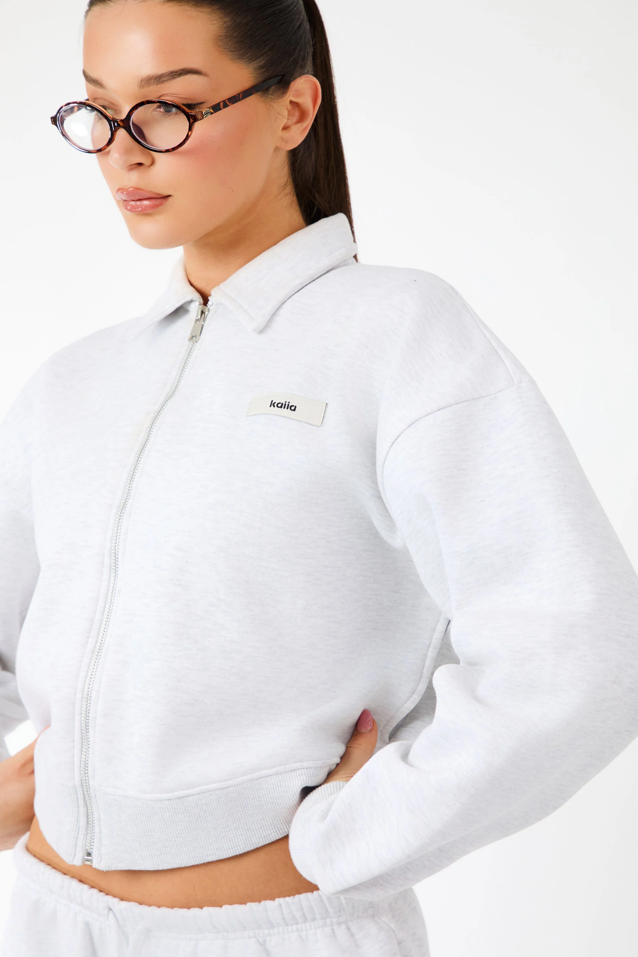 Kaiia Label Logo Collared Zip Through Sweatshirt Light Grey Marl - Image 6