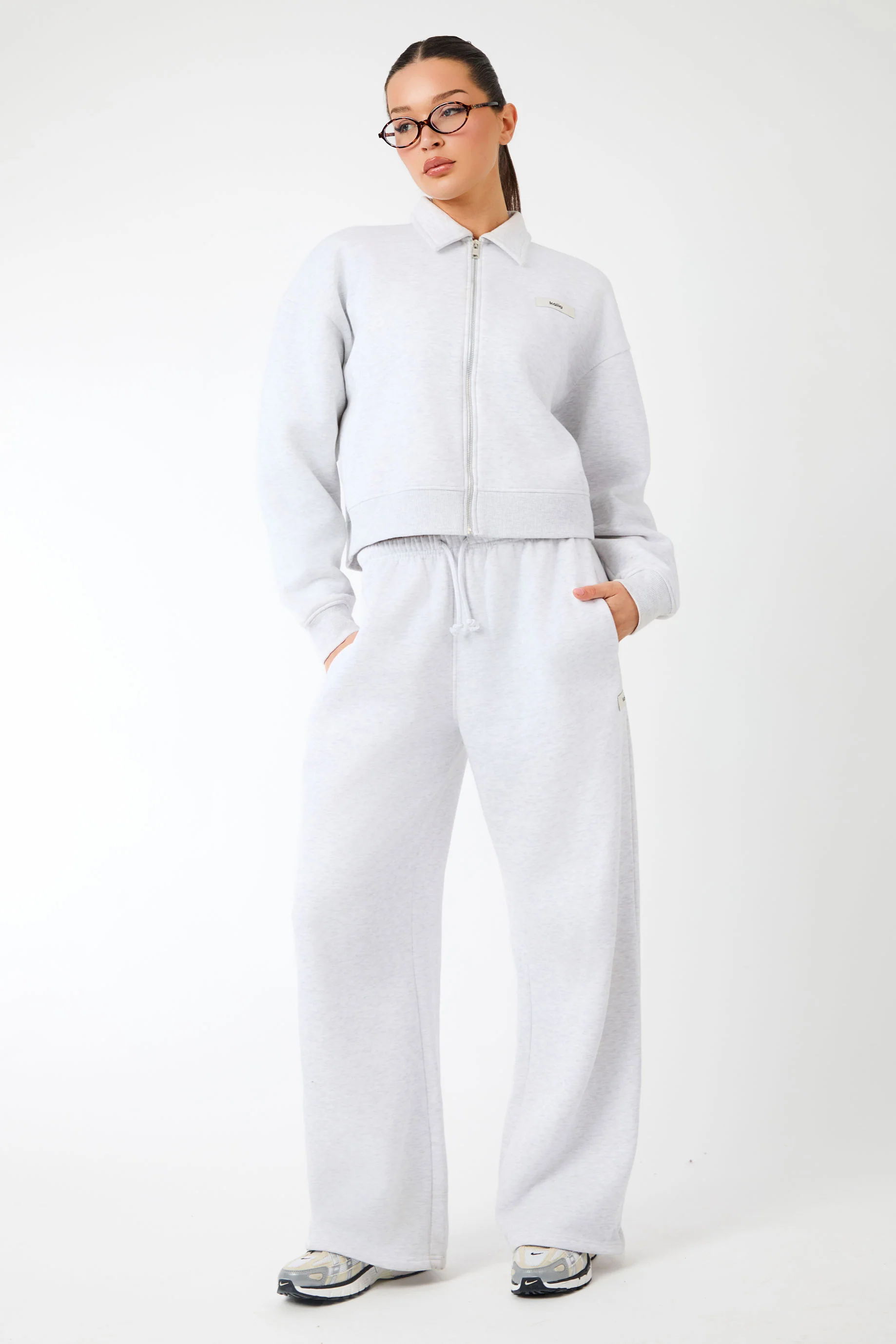 Kaiia Label Logo Collared Zip Through Sweatshirt Light Grey Marl - Image 7