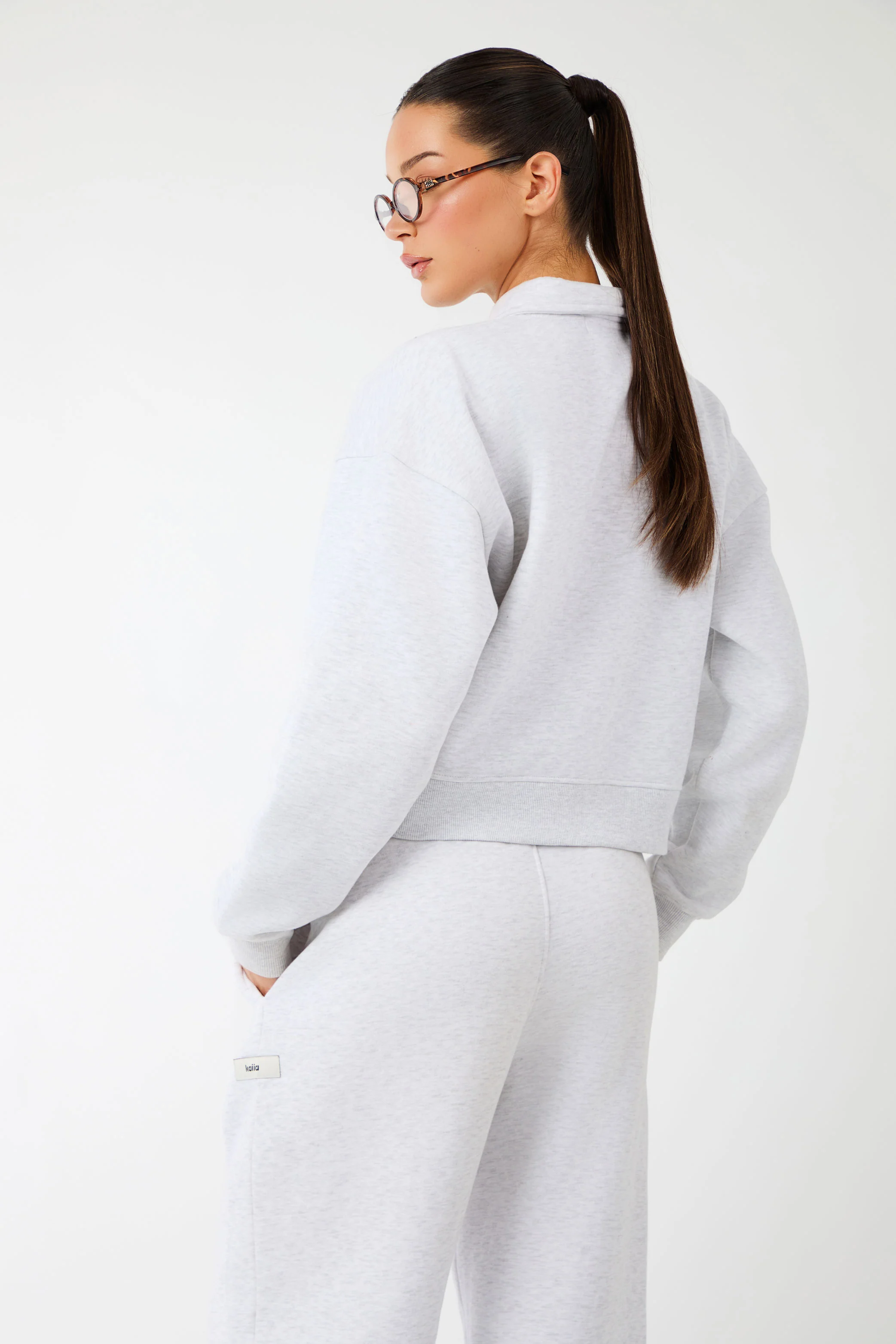 Kaiia Label Logo Collared Zip Through Sweatshirt Light Grey Marl - Image 8