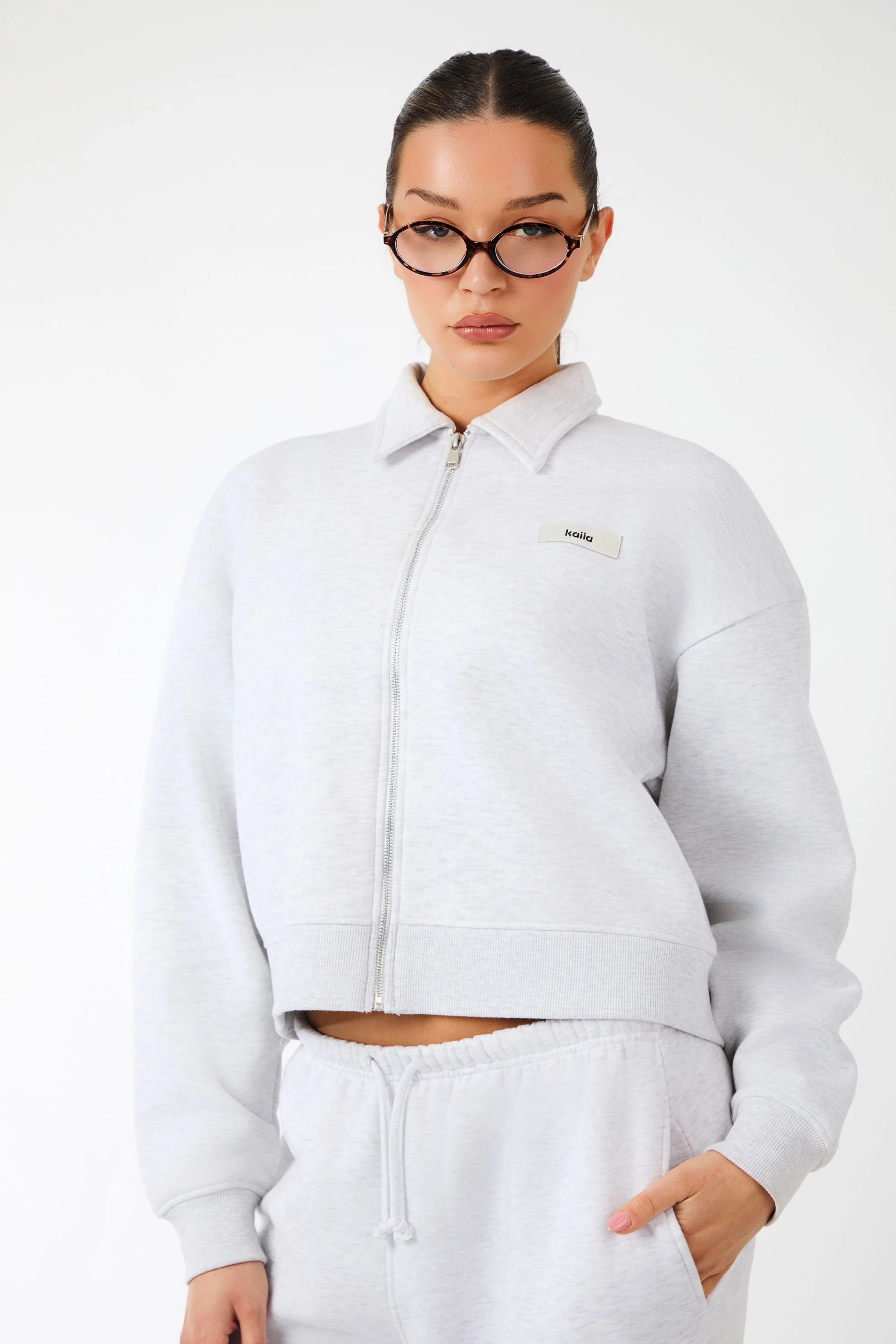 Kaiia Label Logo Collared Zip Through Sweatshirt Light Grey Marl - Image 9