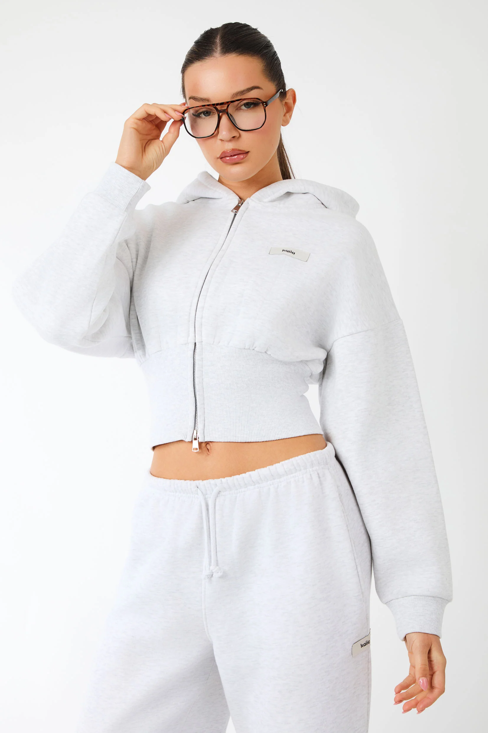 Kaiia Label Logo Corset Zip Through Hoodie Light Grey Marl - Image 3