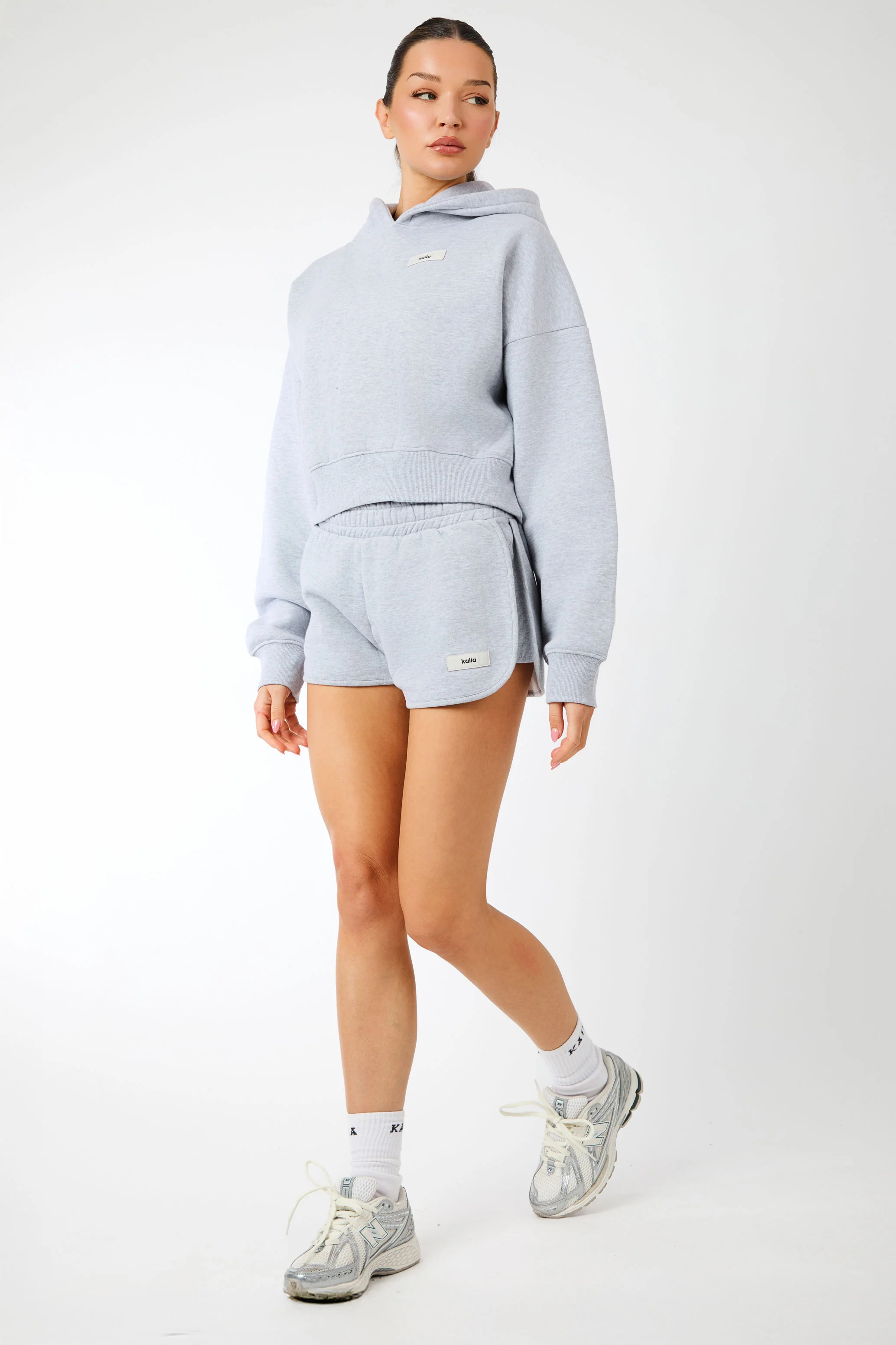 Kaiia Label Logo Cropped Oversized Hoodie Grey Marl - Image 3