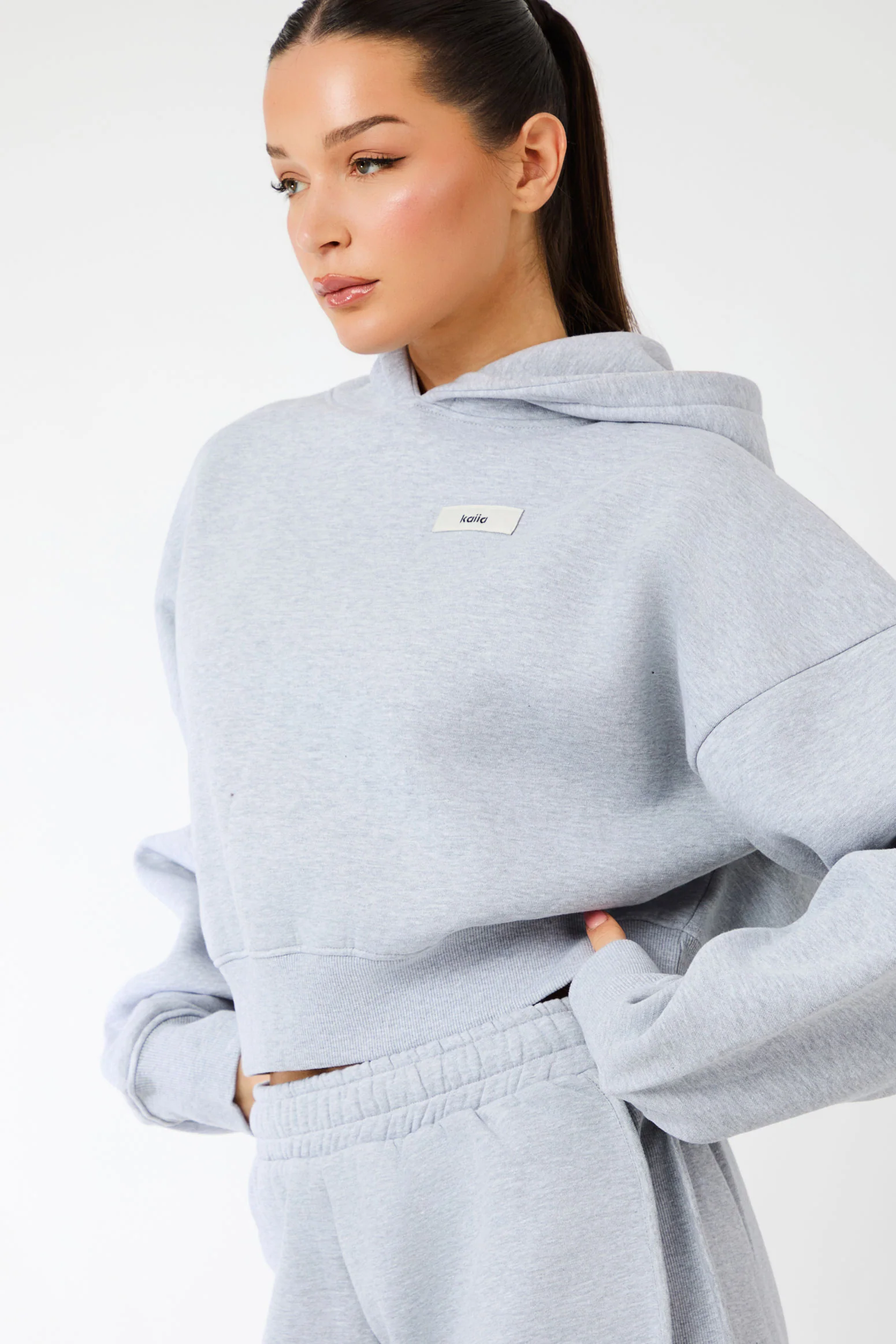 Kaiia Label Logo Cropped Oversized Hoodie Grey Marl - Image 4