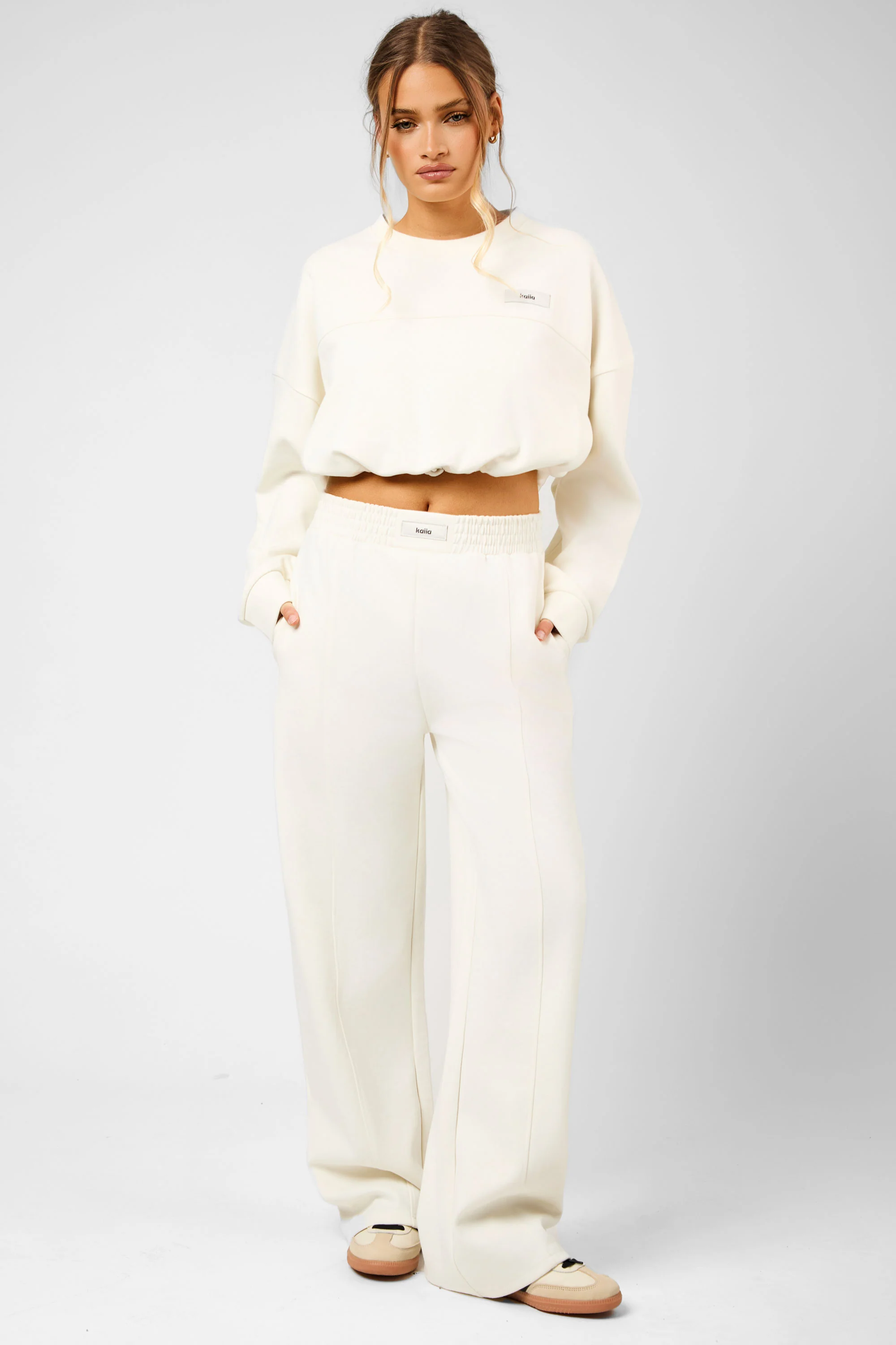 Kaiia Label Logo Premium Interlock Drawcord Sweatshirt Cream - Image 2