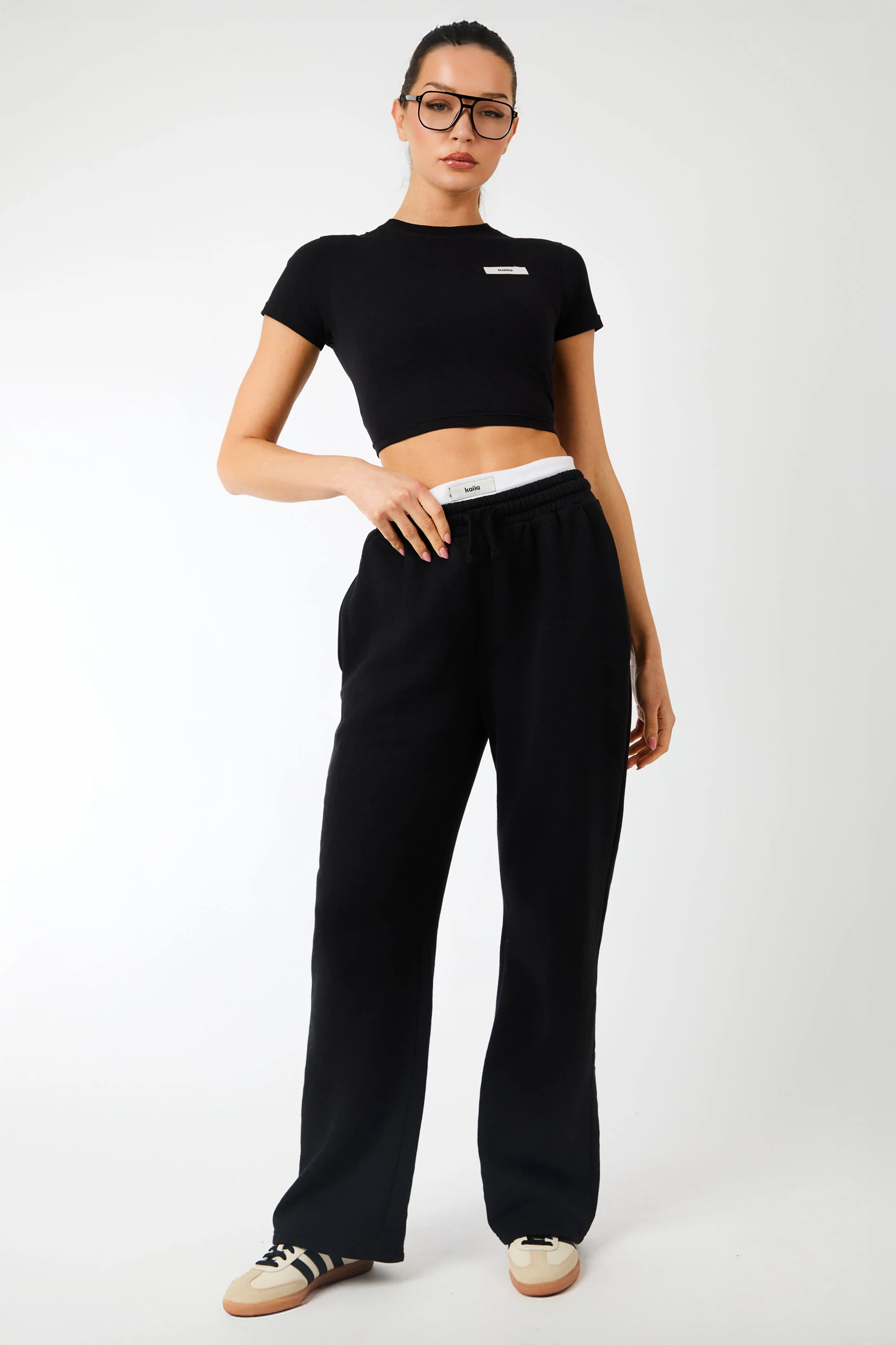 Kaiia Label Logo Exposed Waistband Wide Leg Joggers Black