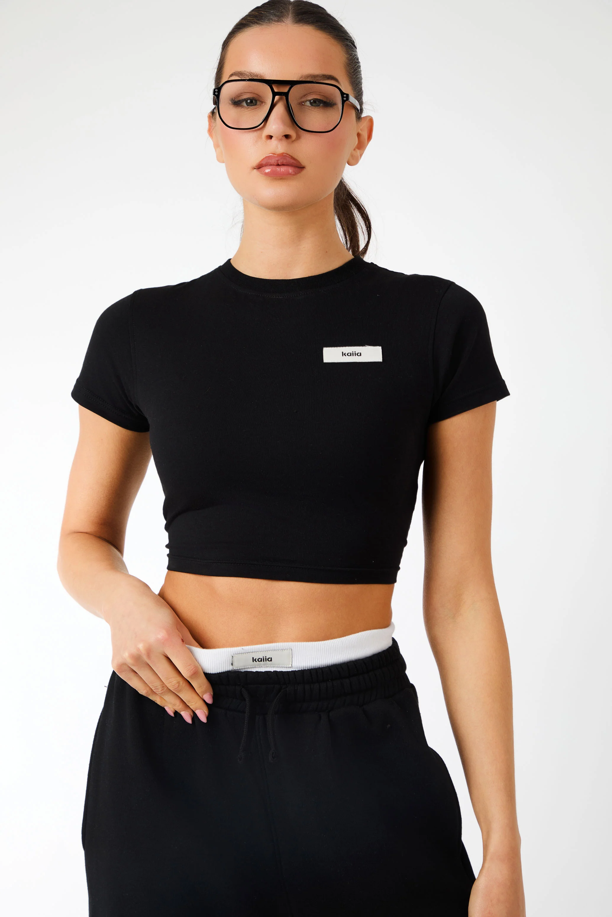Kaiia Label Logo Exposed Waistband Wide Leg Joggers Black - Image 2