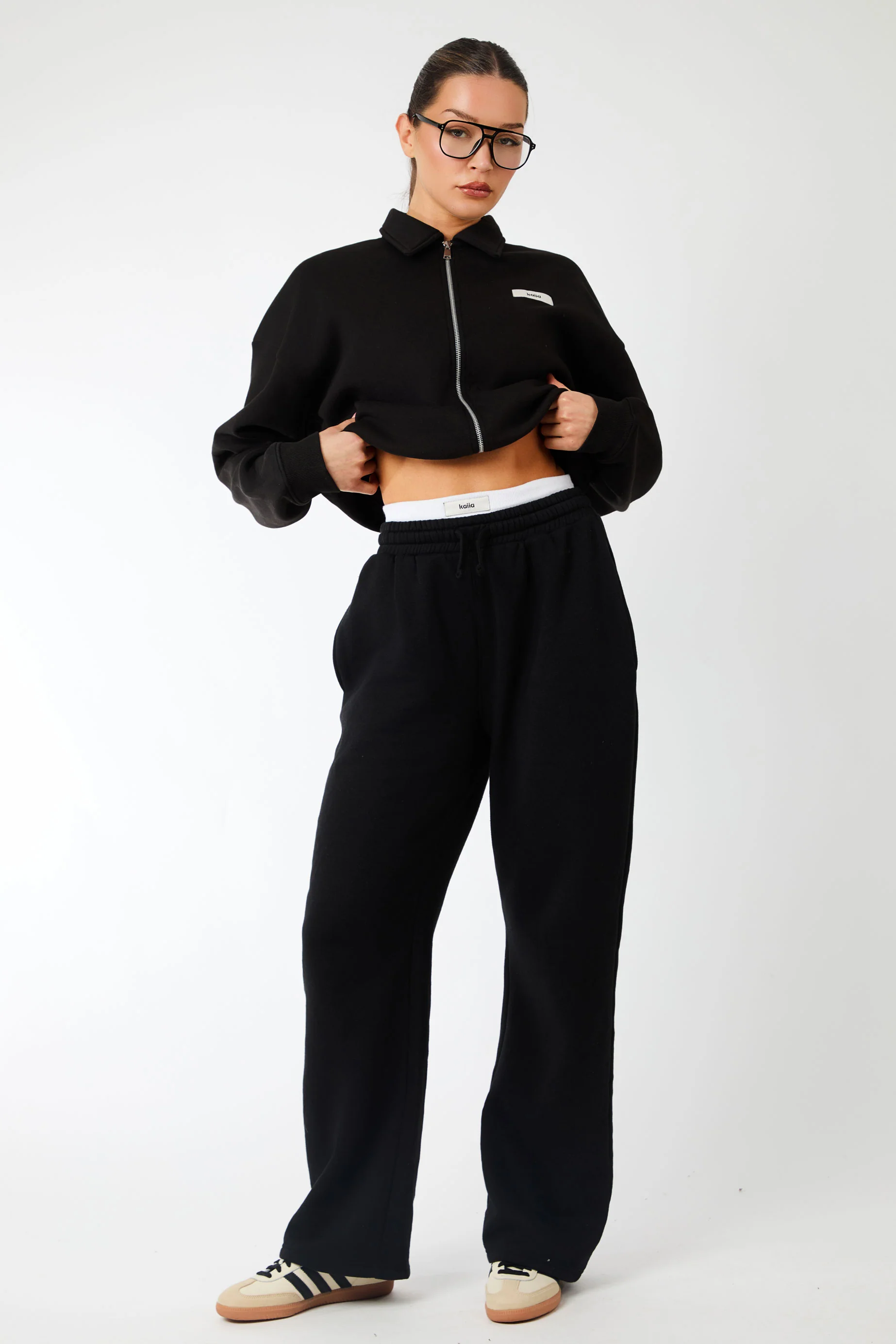 Kaiia Label Logo Exposed Waistband Wide Leg Joggers Black - Image 3