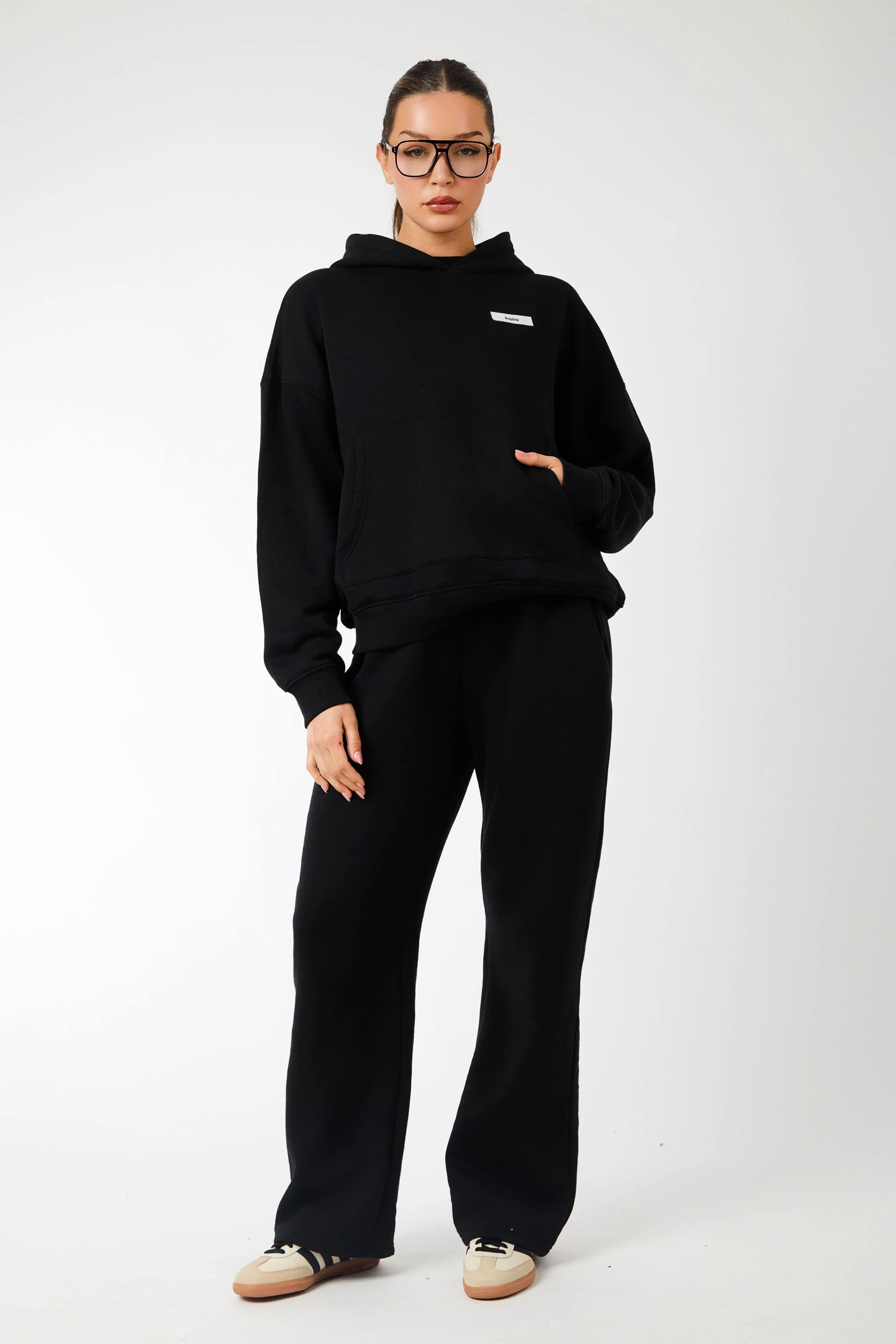 Kaiia Label Logo Exposed Waistband Wide Leg Joggers Black - Image 4