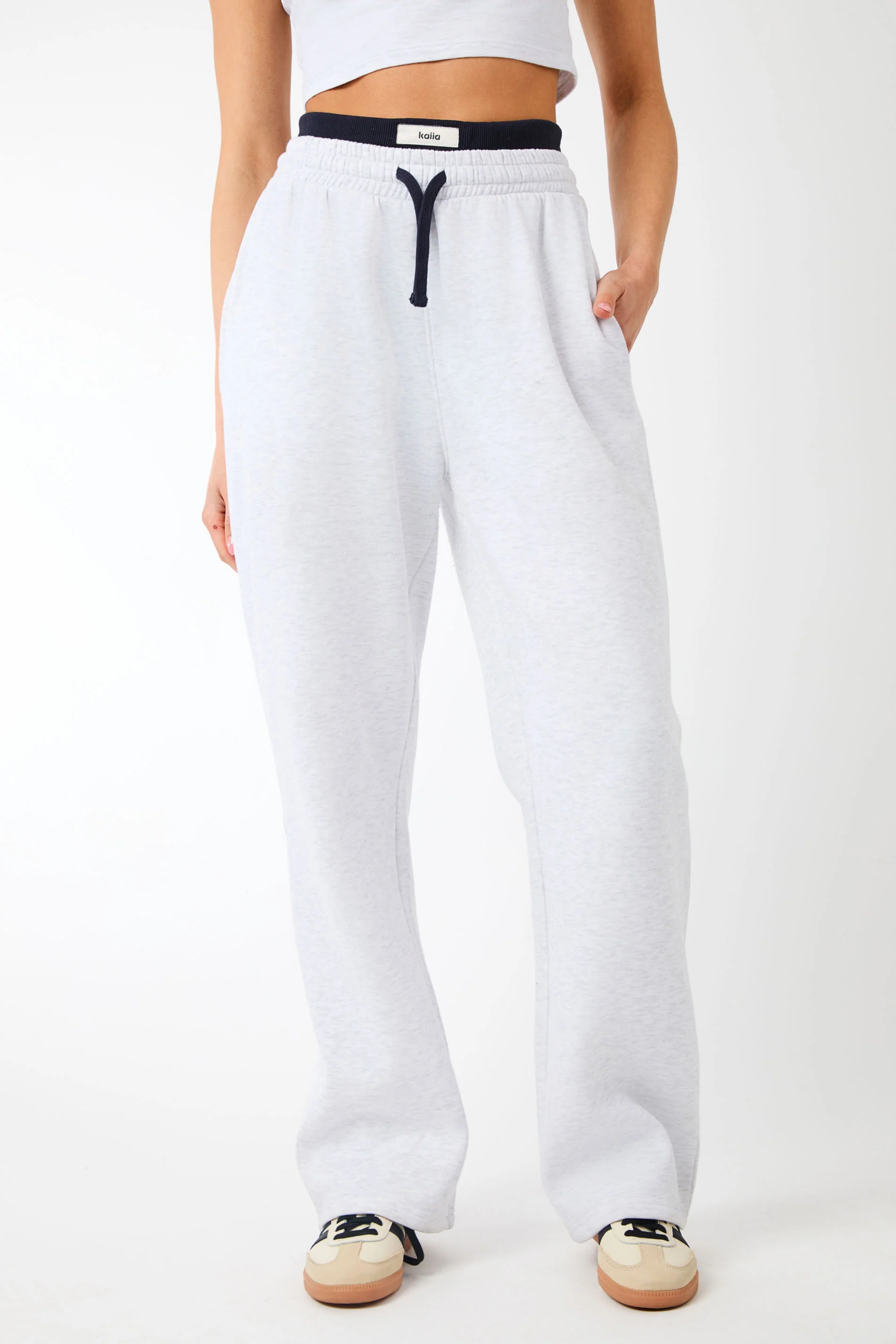 Kaiia Label Logo Exposed Waistband Wide Leg Joggers Light Grey Marl - Image 2