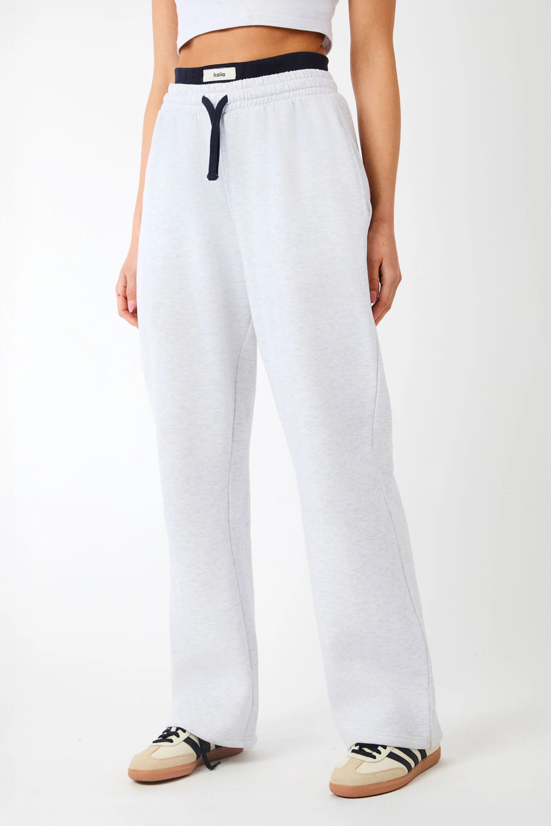 Kaiia Label Logo Exposed Waistband Wide Leg Joggers Light Grey Marl - Image 4