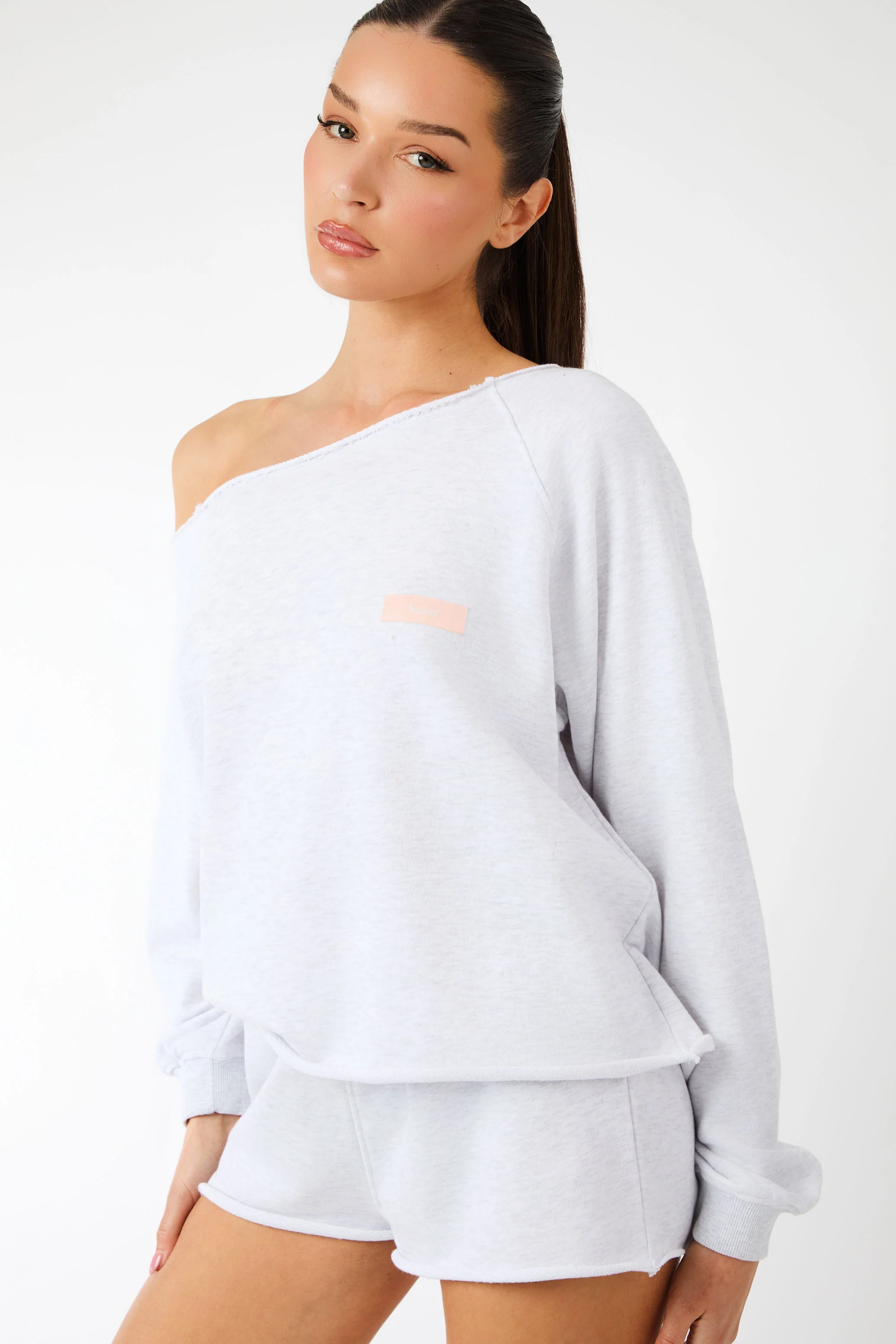 Kaiia Label Logo One Shoulder Jumper Light Grey Marl
