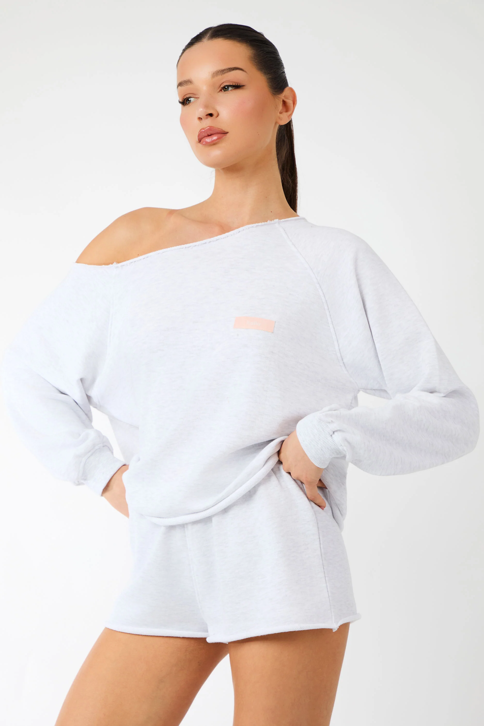 Kaiia Label Logo One Shoulder Jumper Light Grey Marl - Image 4