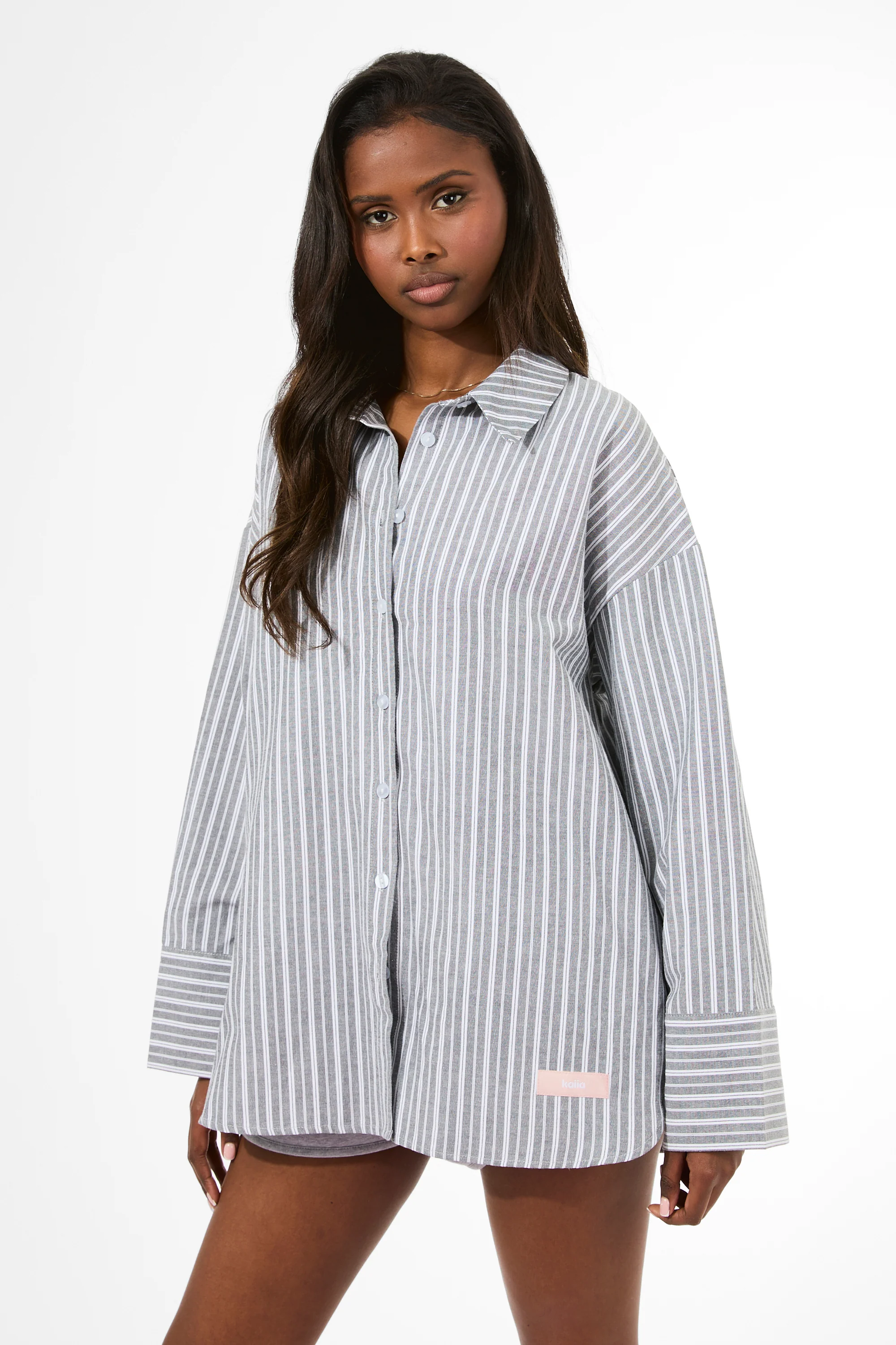 Kaiia Label Logo Oversized Shirt Grey Stripe - Image 6