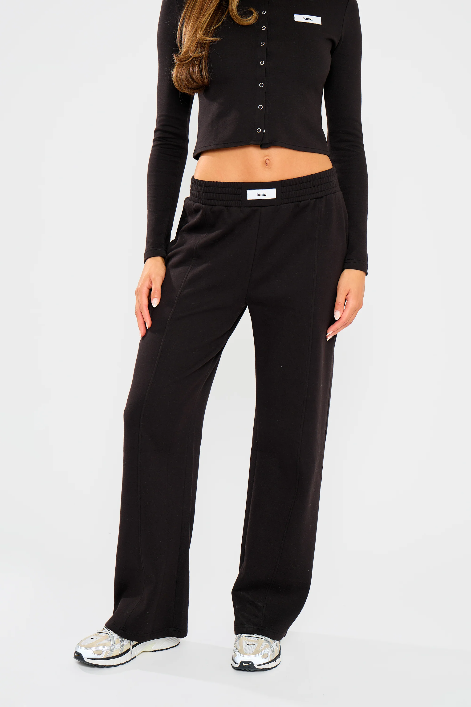 Kaiia Label Logo Premium Interlock Seam Detail Wide Leg Joggers Black - Image 3