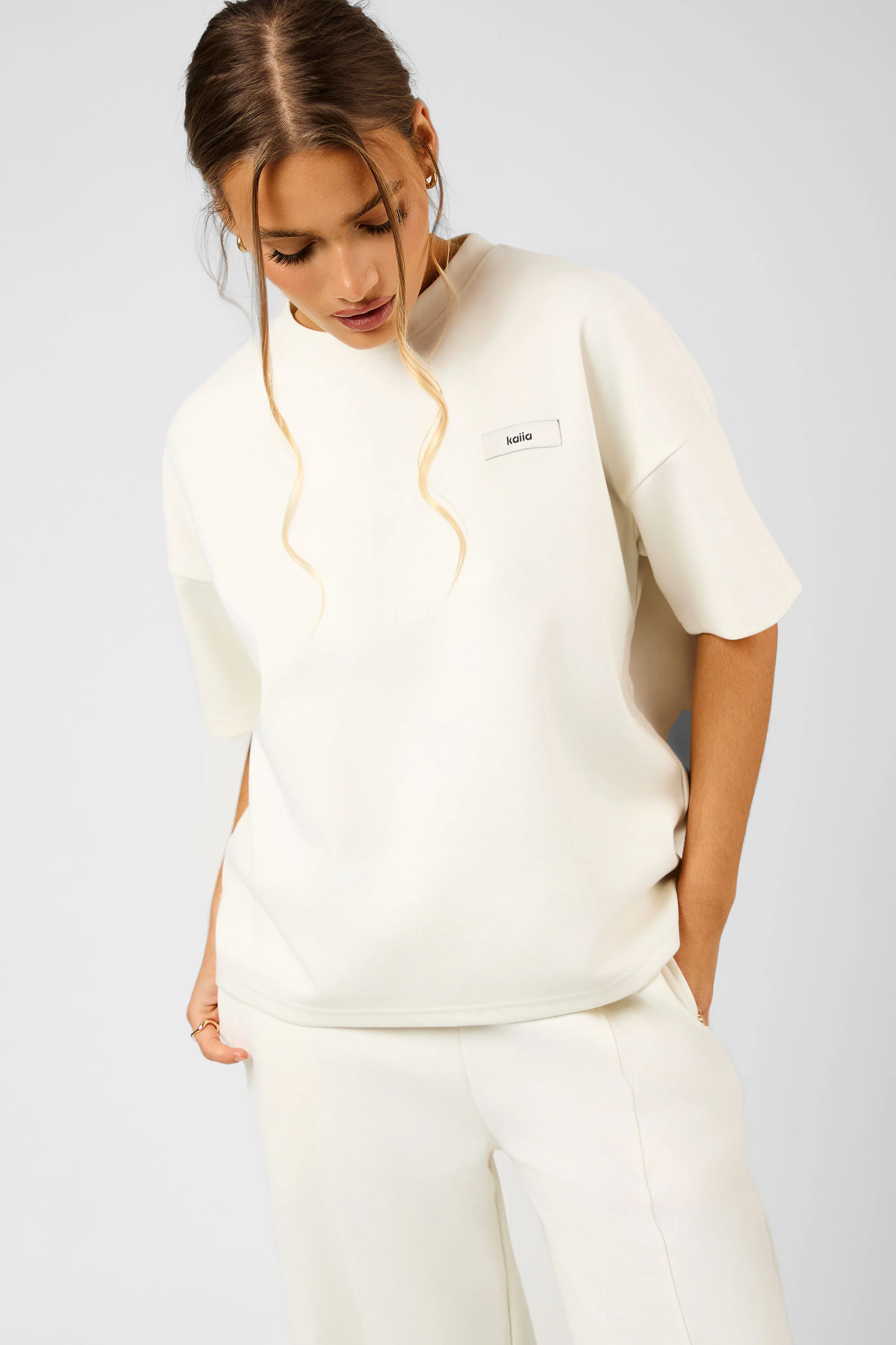 Kaiia Label Logo Premium Interlock Oversized T-Shirt Cream - Image 3