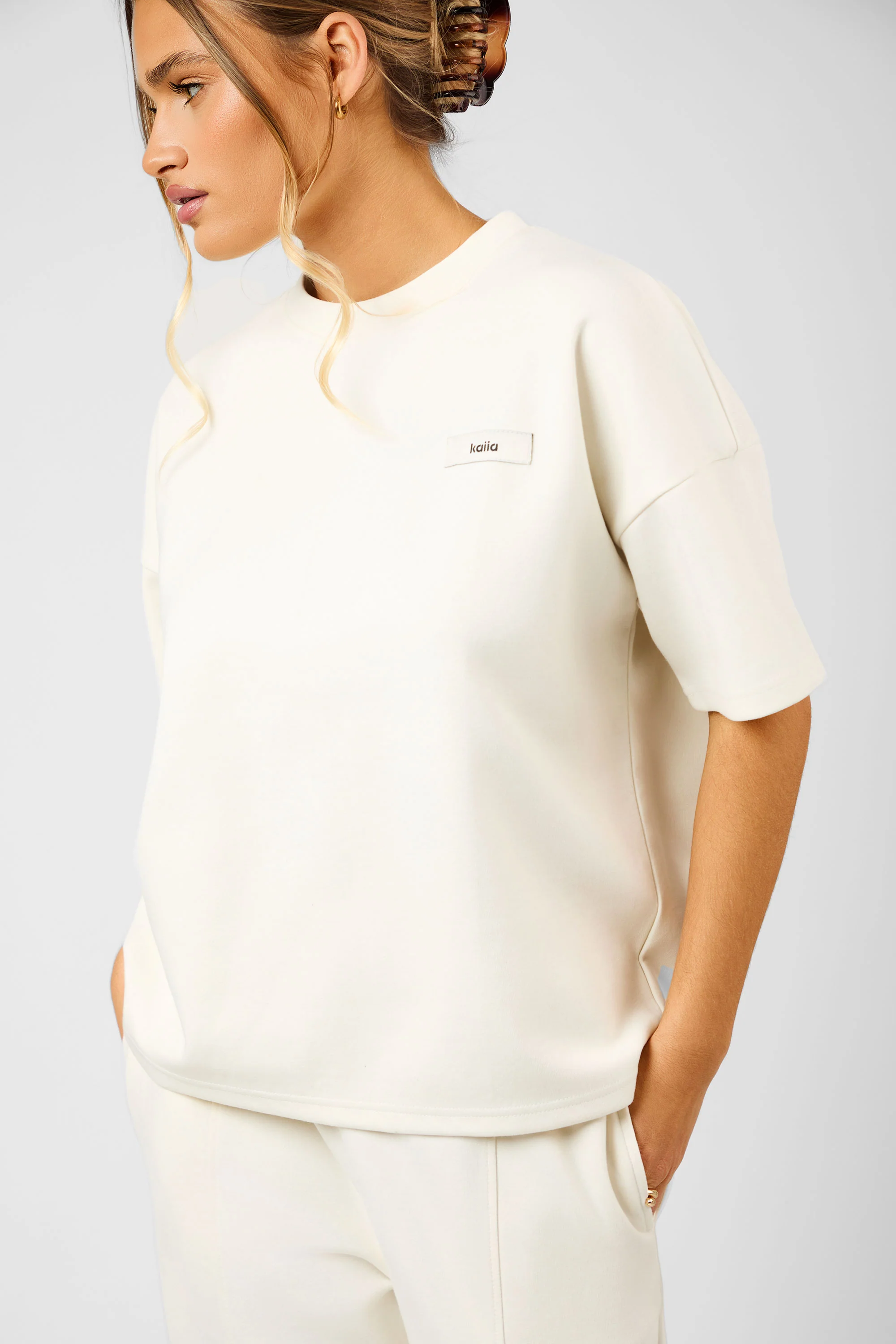 Kaiia Label Logo Premium Interlock Oversized T-Shirt Cream - Image 4