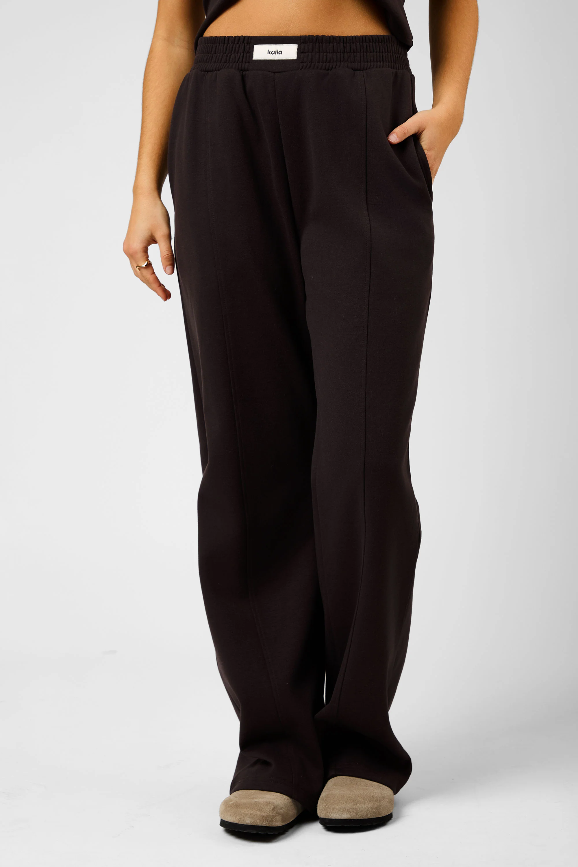 Kaiia Label Logo Premium Interlock Wide Leg Joggers Brown - Image 3