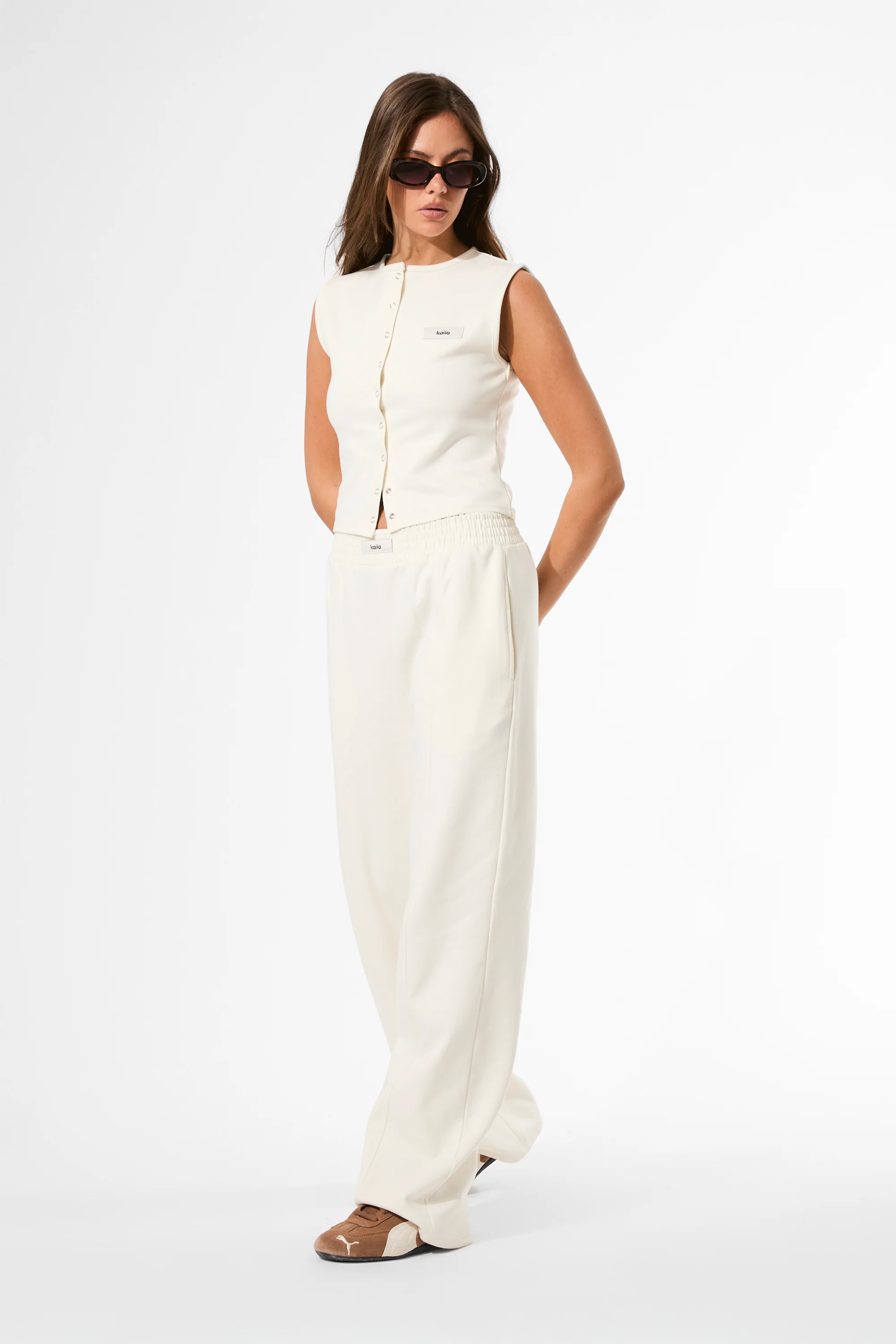 Kaiia Label Logo Premium Interlock Seam Detail Wide Leg Joggers Cream - Image 3