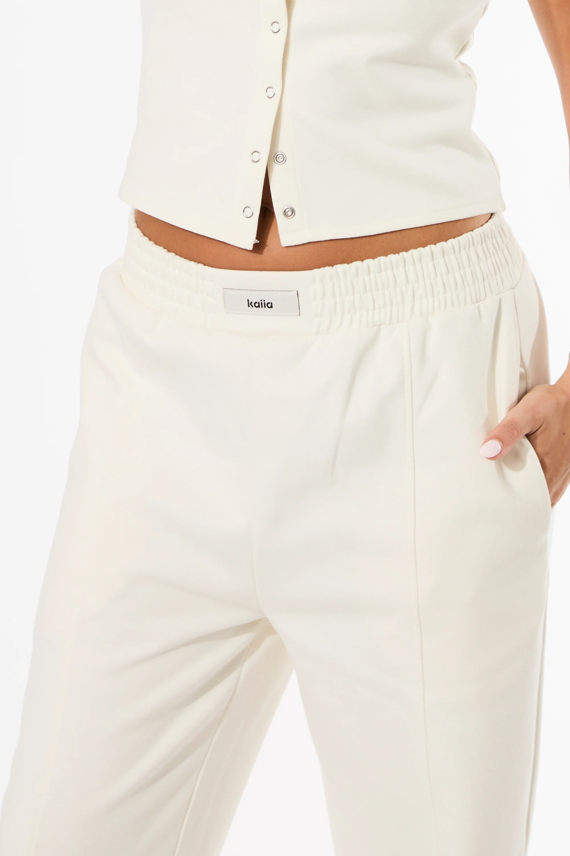 Kaiia Label Logo Premium Interlock Seam Detail Wide Leg Joggers Cream - Image 4