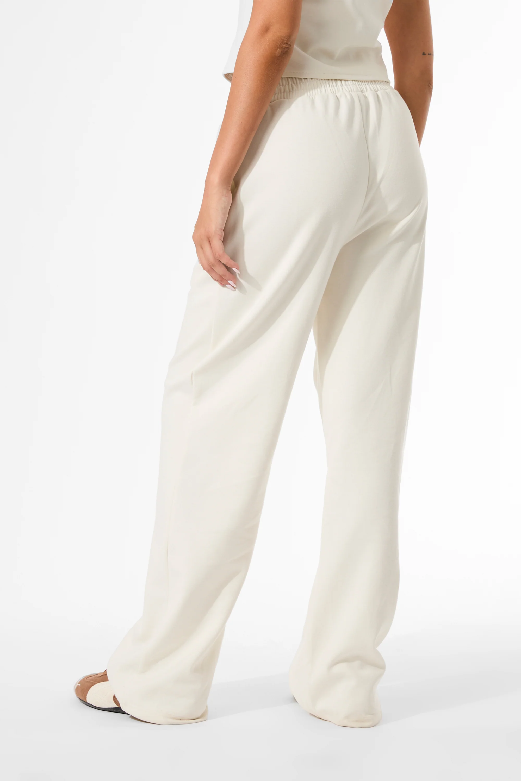 Kaiia Label Logo Premium Interlock Seam Detail Wide Leg Joggers Cream - Image 5