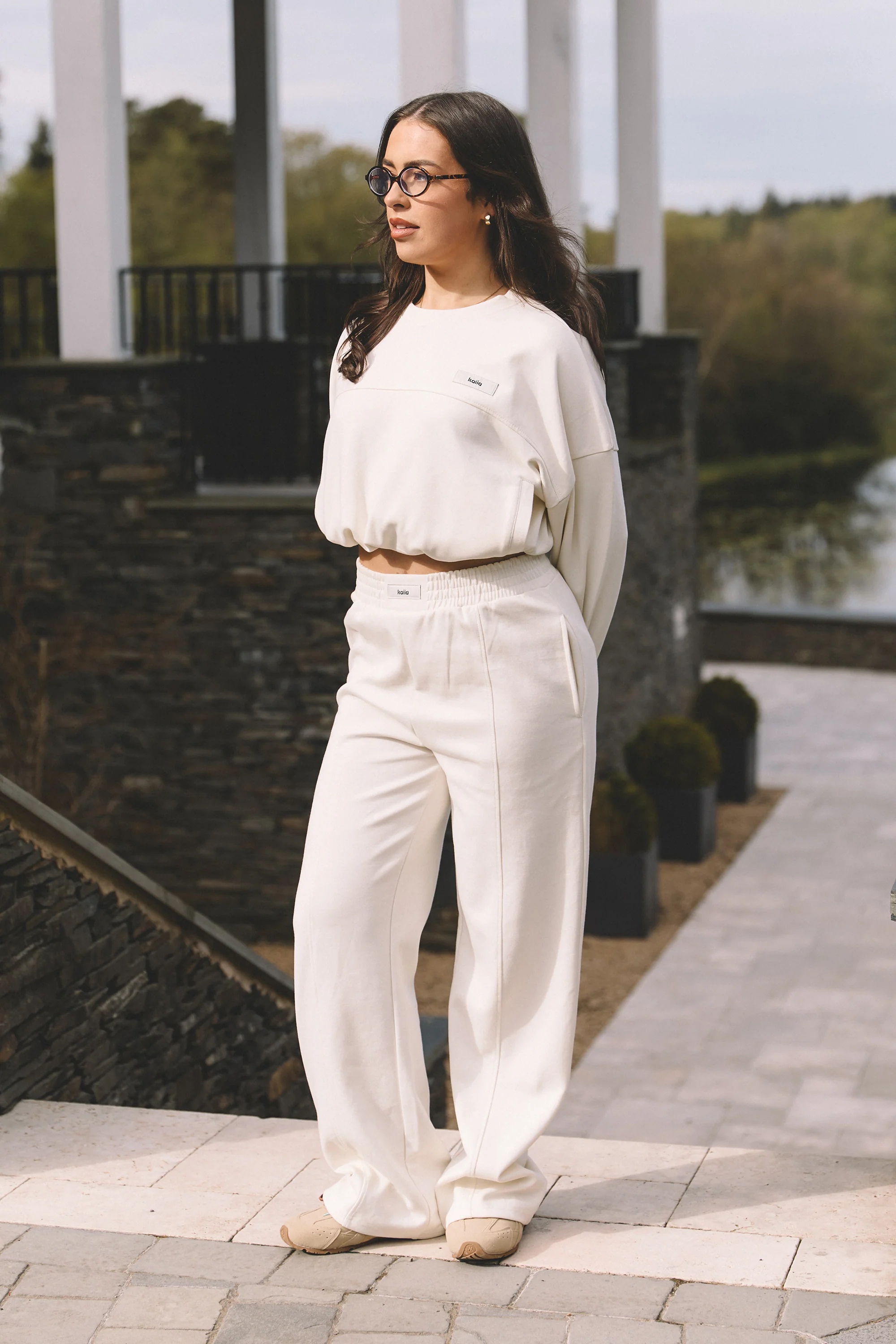 Kaiia Label Logo Premium Interlock Seam Detail Wide Leg Joggers Cream - Image 6