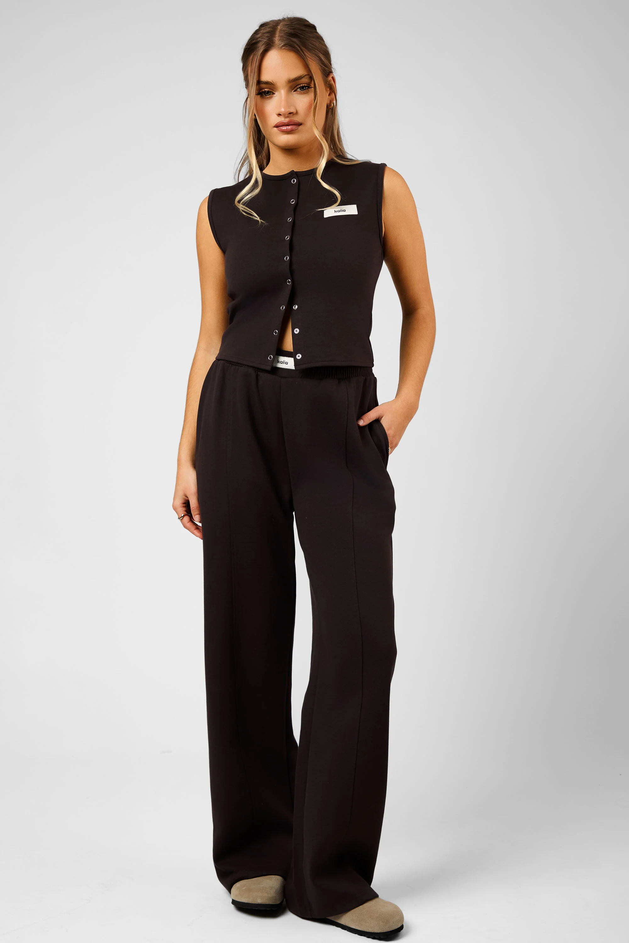 Kaiia Label Logo Premium Interlock Waistcoat Top Brown - Image 3