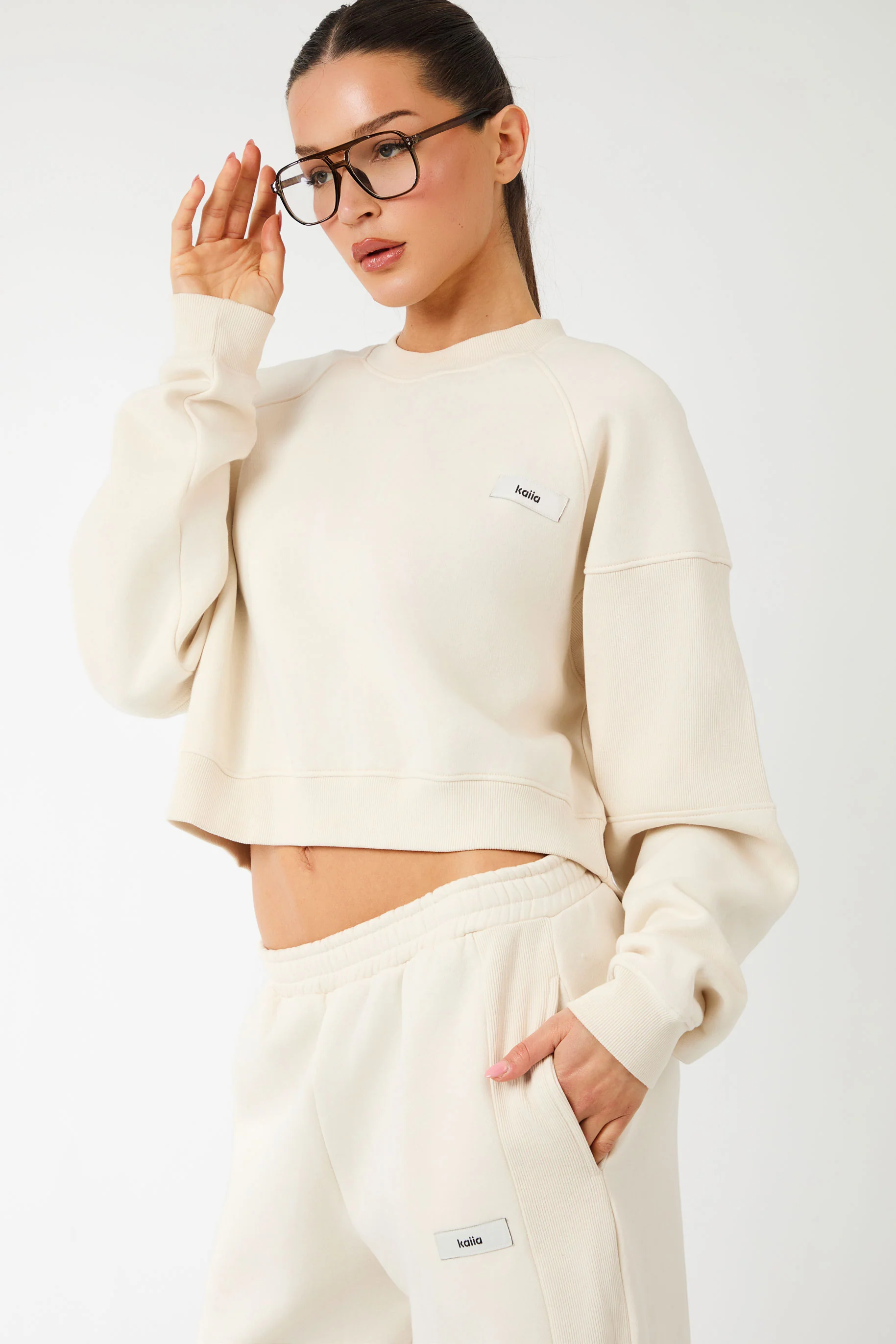 Kaiia Label Logo Rib Panel Cropped Oversized Sweatshirt Cream - Image 2