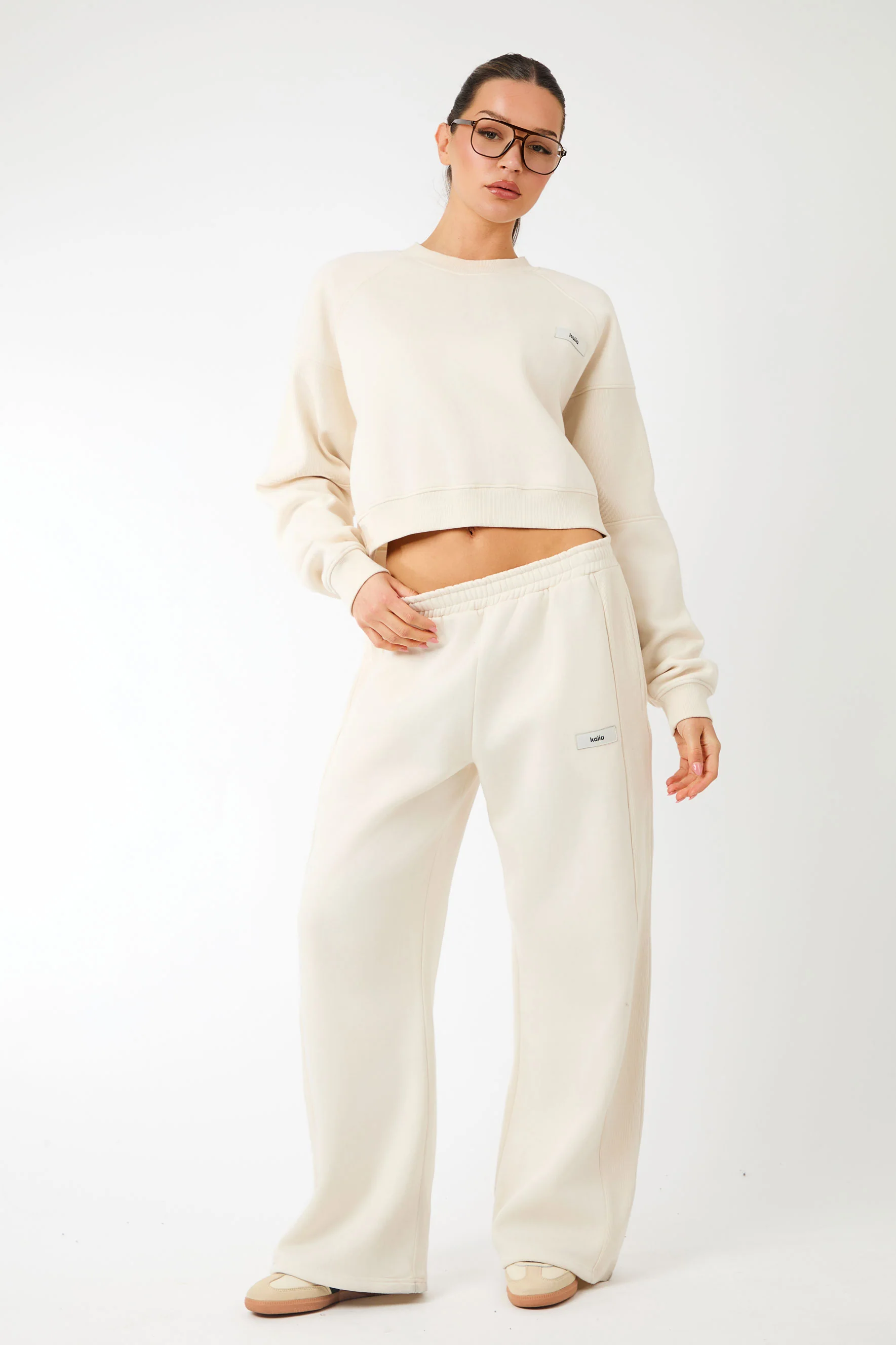 Kaiia Label Logo Rib Panel Cropped Oversized Sweatshirt Cream - Image 3