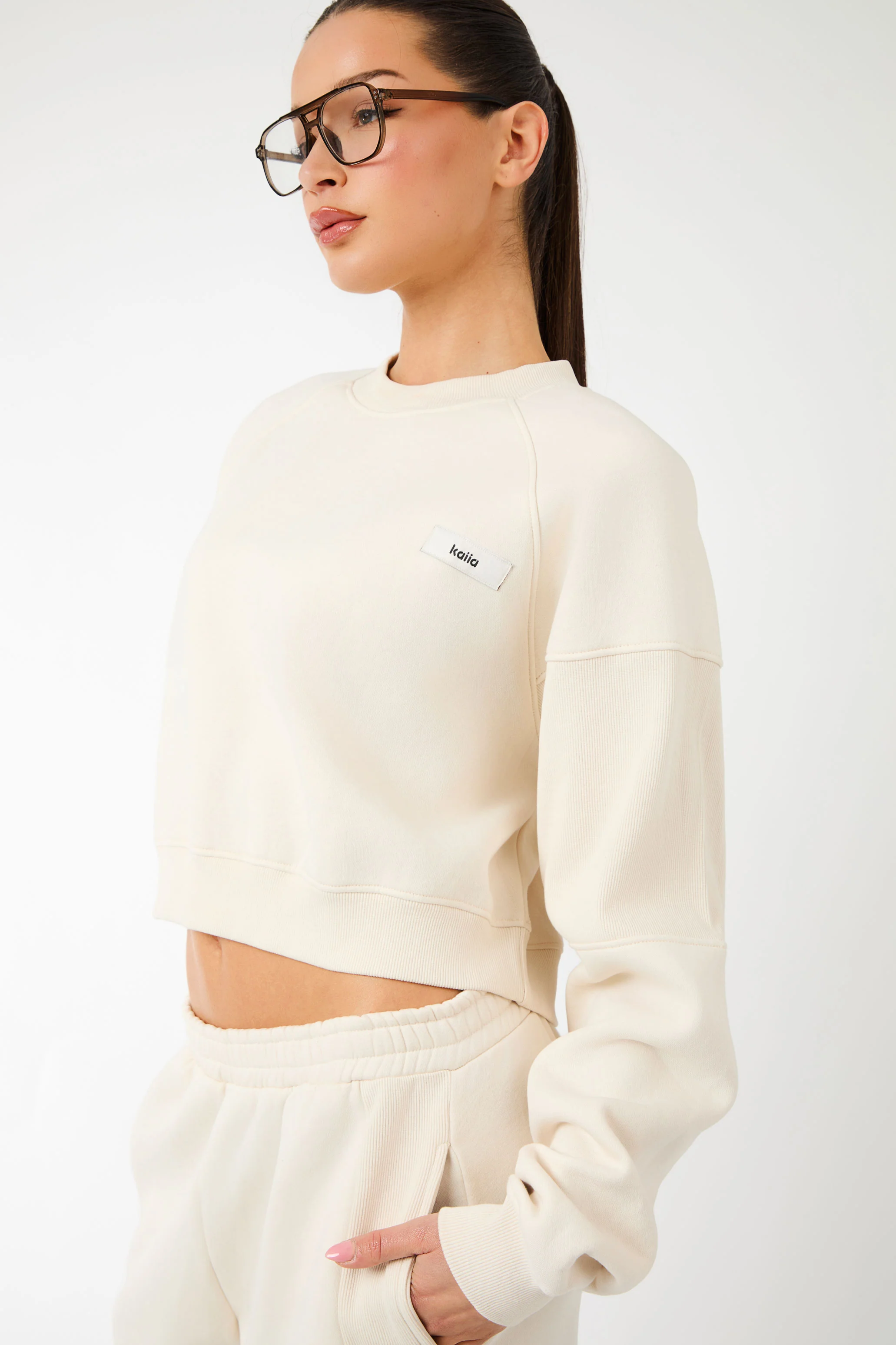 Kaiia Label Logo Rib Panel Cropped Oversized Sweatshirt Cream - Image 4