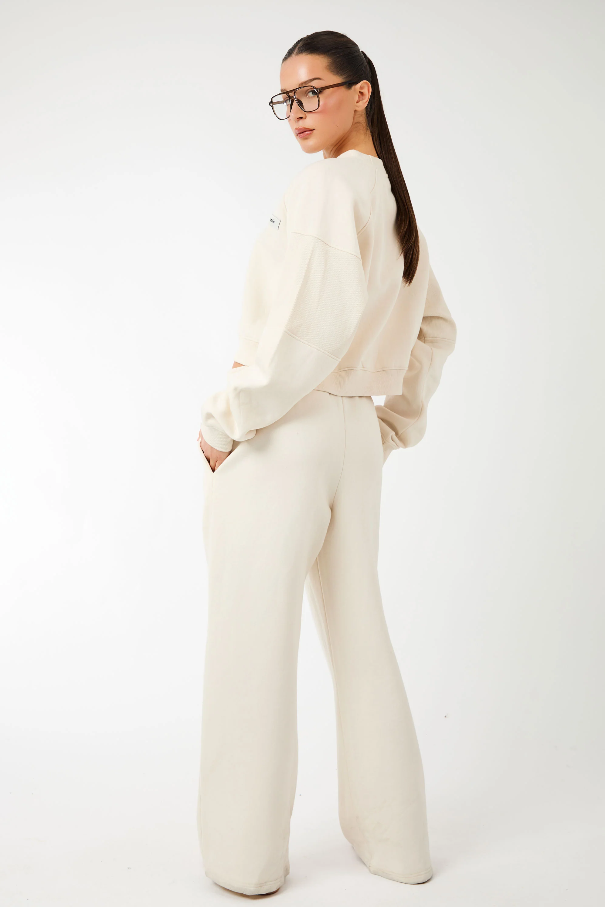 Kaiia Label Logo Rib Panel Cropped Oversized Sweatshirt Cream - Image 5