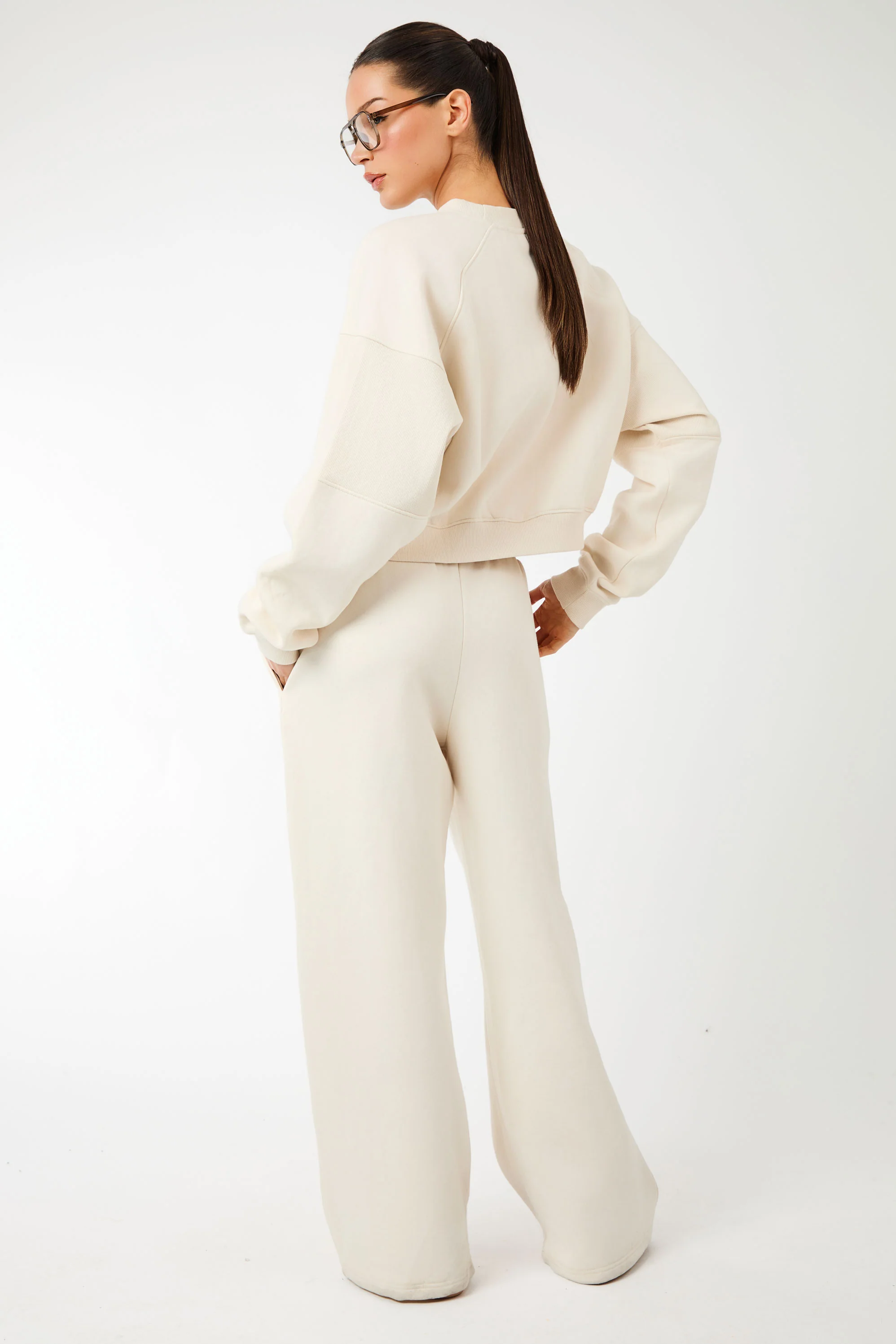 Kaiia Label Logo Rib Panel Wide Leg Joggers Cream - Image 3