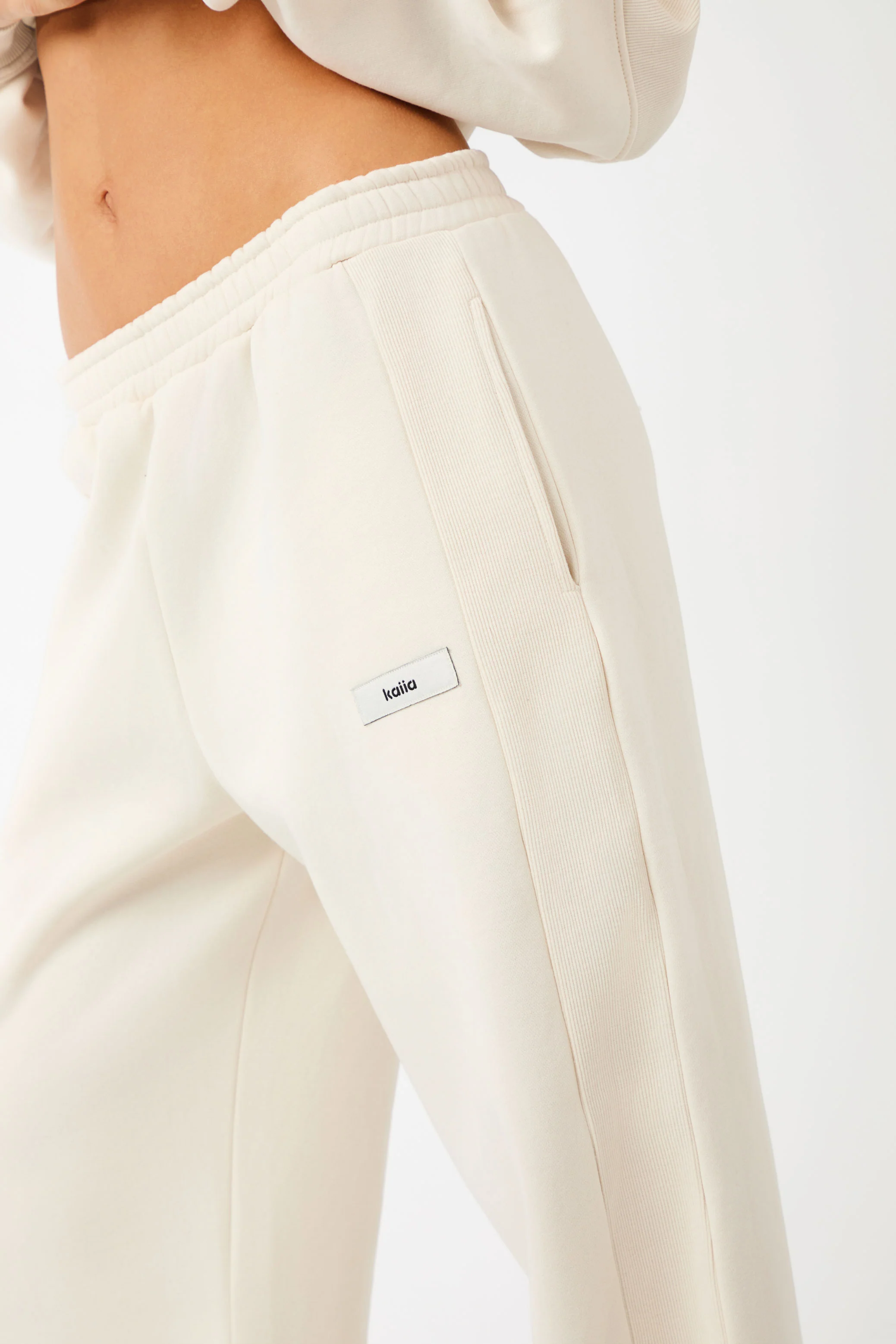 Kaiia Label Logo Rib Panel Wide Leg Joggers Cream - Image 4