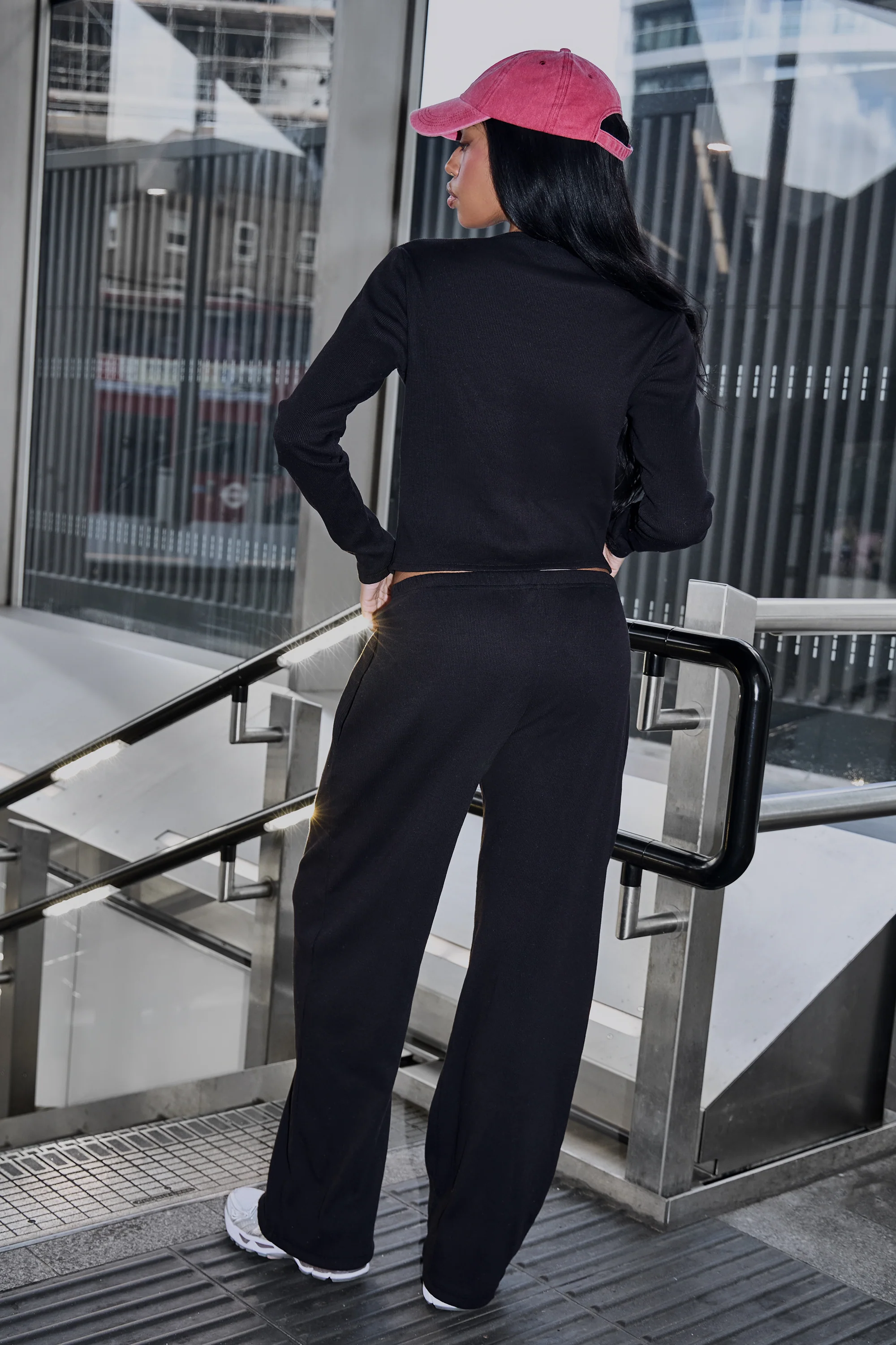 Kaiia Label Logo Rib Wide Leg Trousers Black - Image 3
