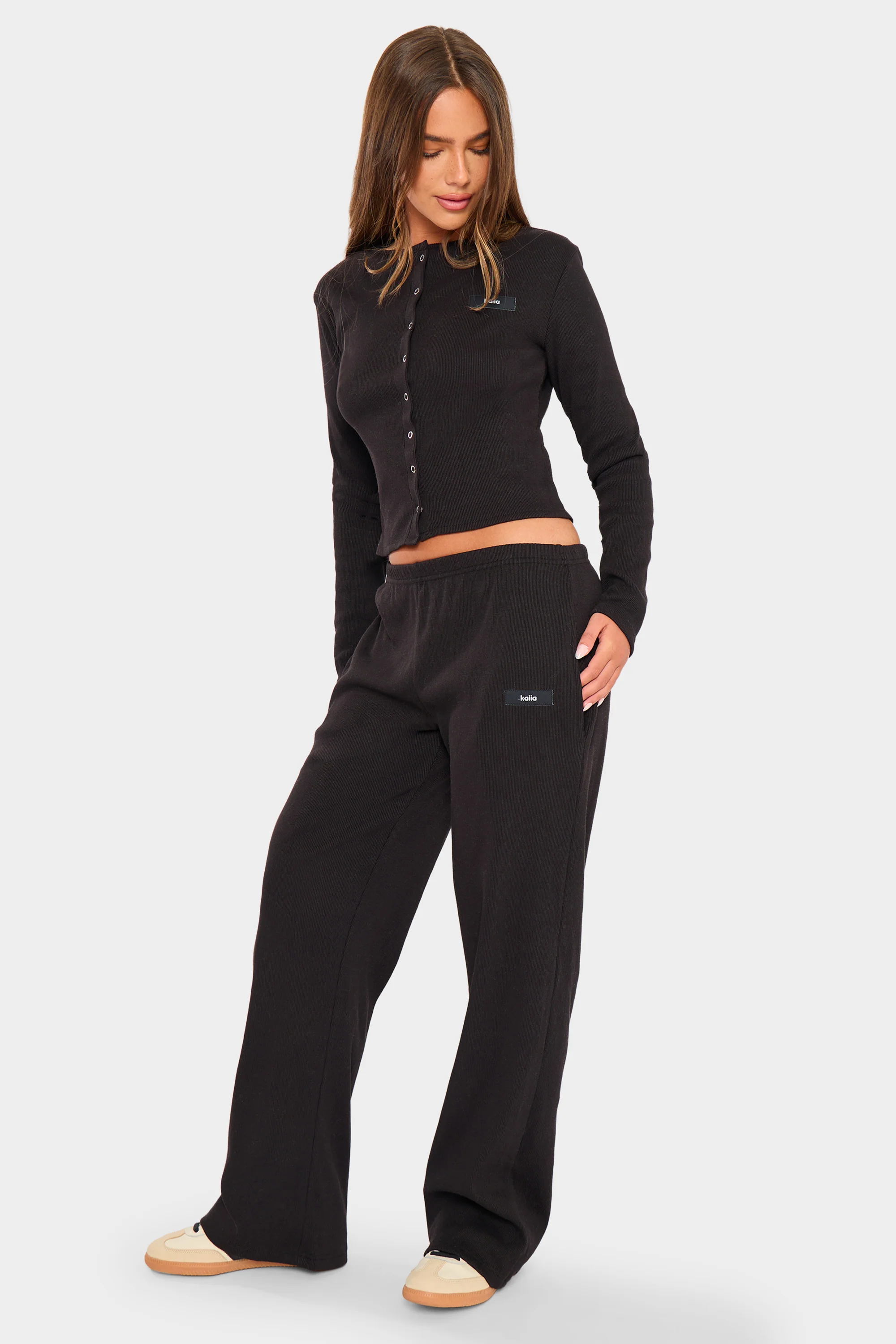 Kaiia Label Logo Rib Wide Leg Trousers Black - Image 5