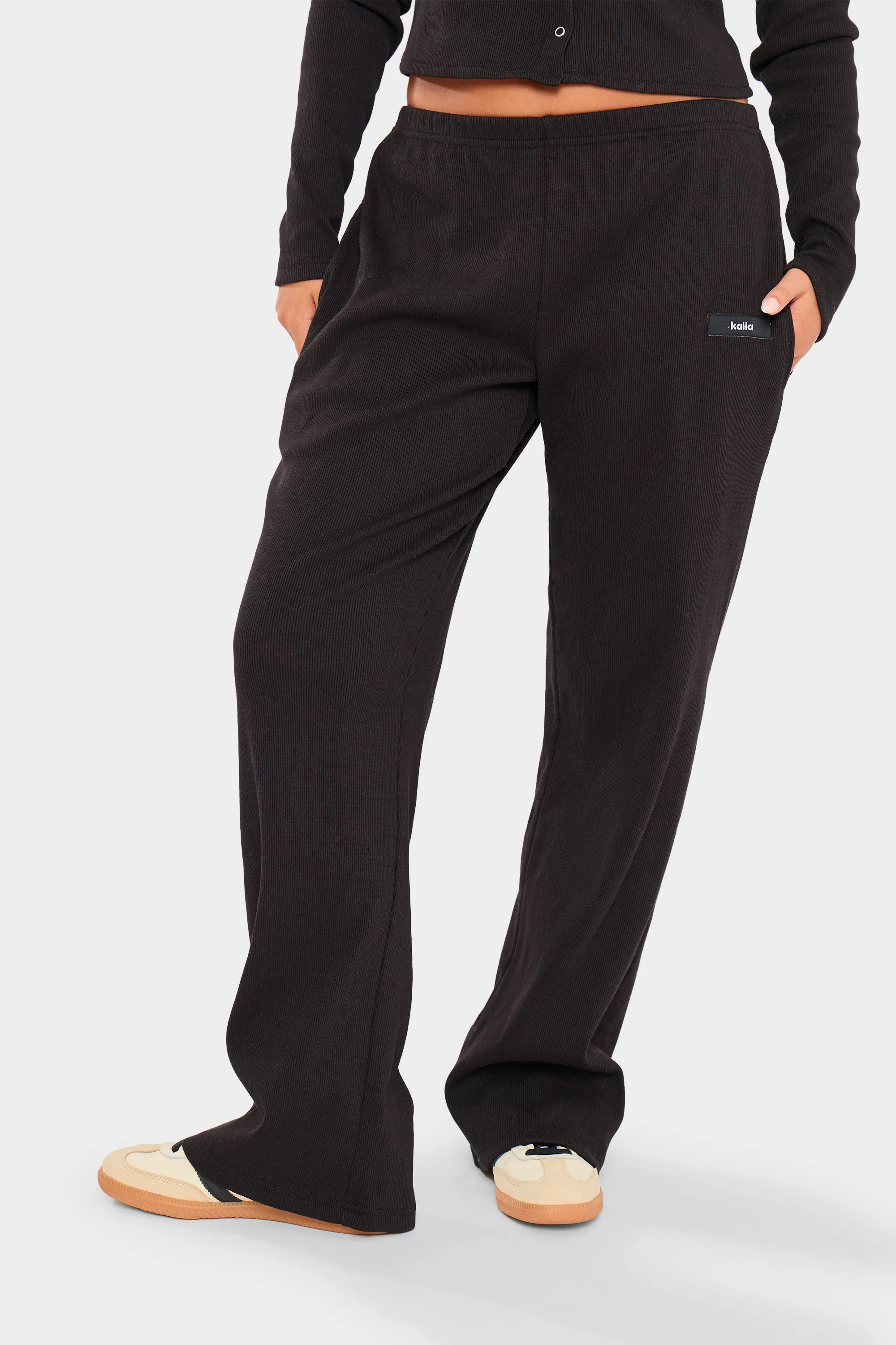 Kaiia Label Logo Rib Wide Leg Trousers Black - Image 6