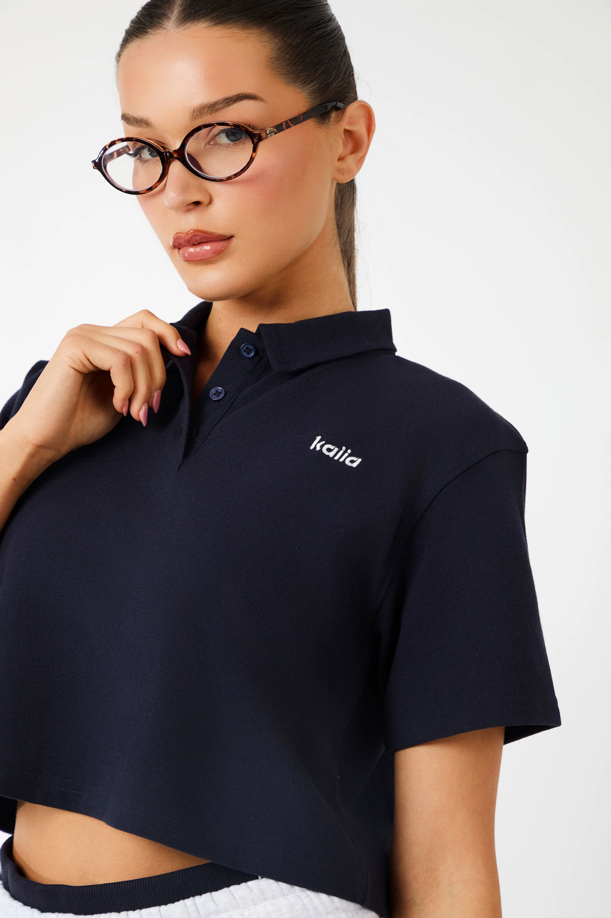 Kaiia Label Logo Short Sleeve Crop Polo Top Navy - Image 8