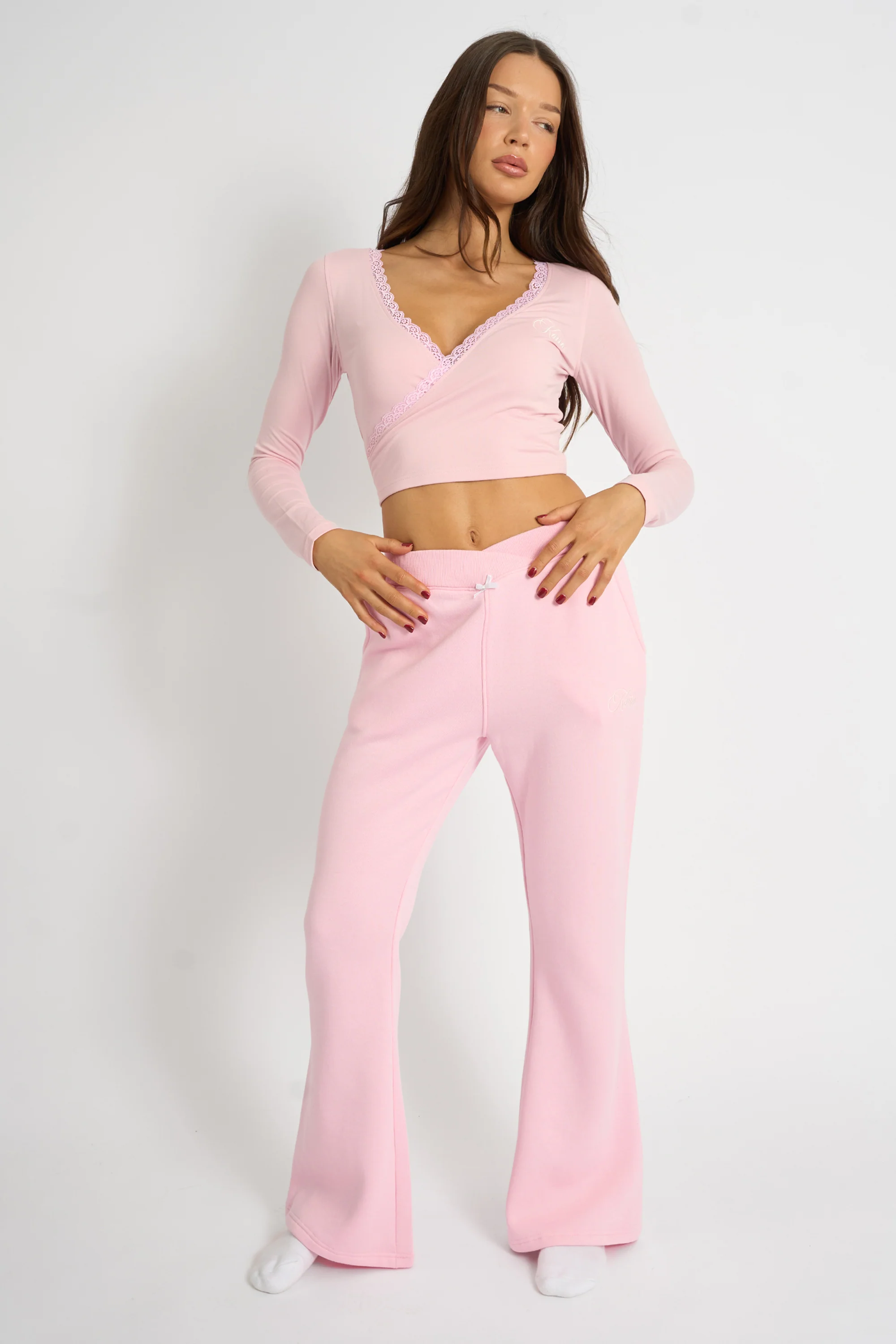 Kaiia Lace Trim Wrap Long Sleeve Top Pink - Image 2