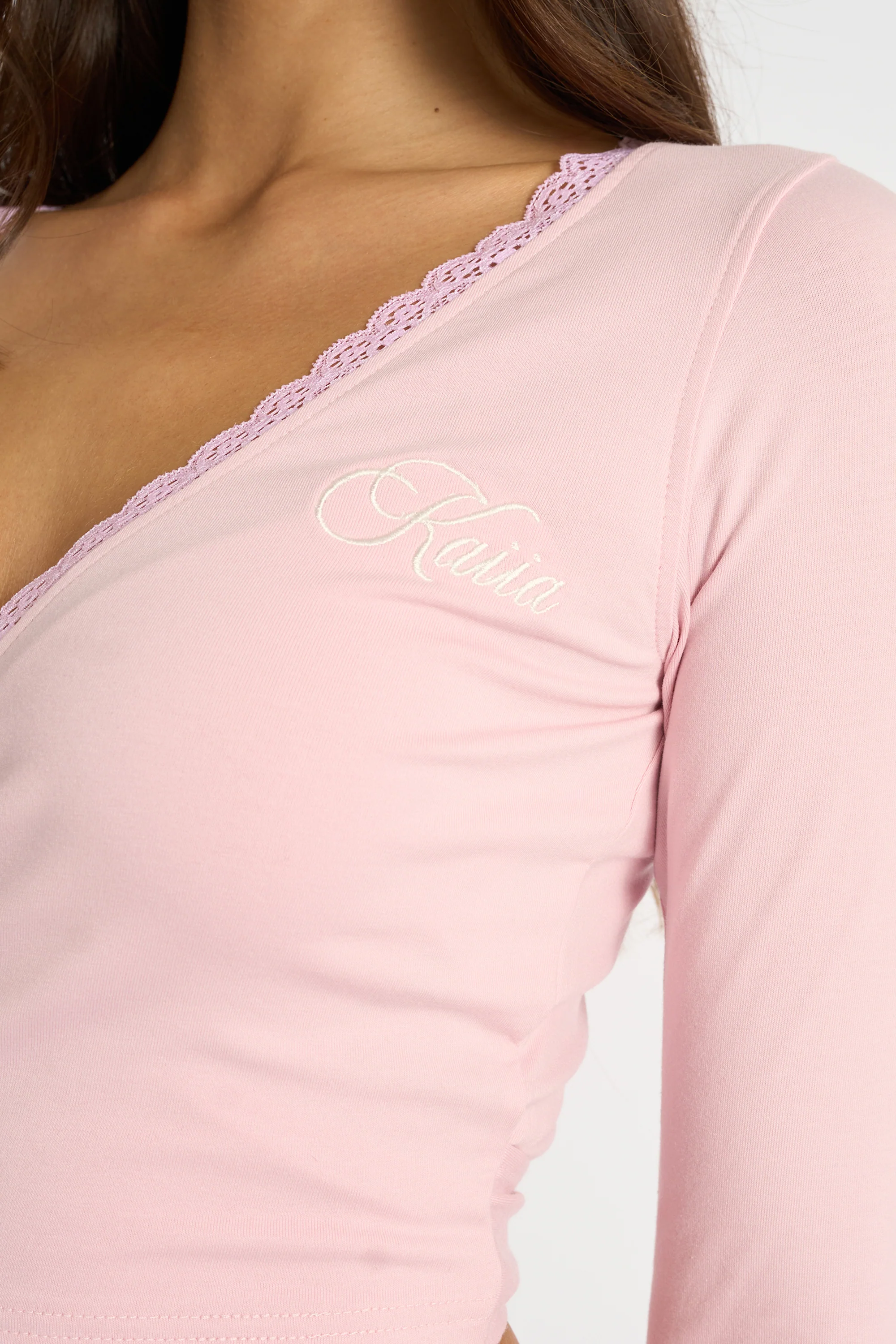 Kaiia Lace Trim Wrap Long Sleeve Top Pink - Image 4