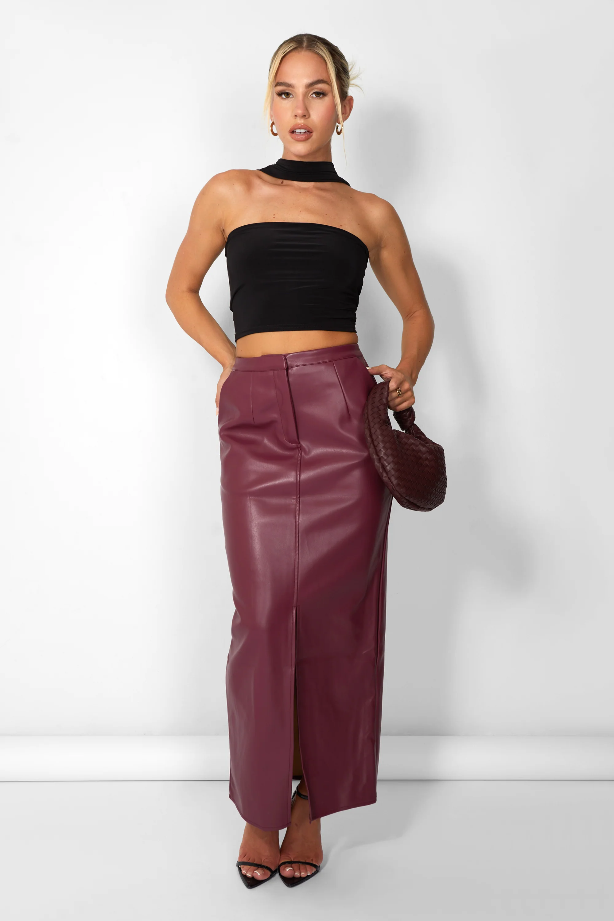 Kaiia Leather Look Maxi Skirt in Burgundy - Image 3