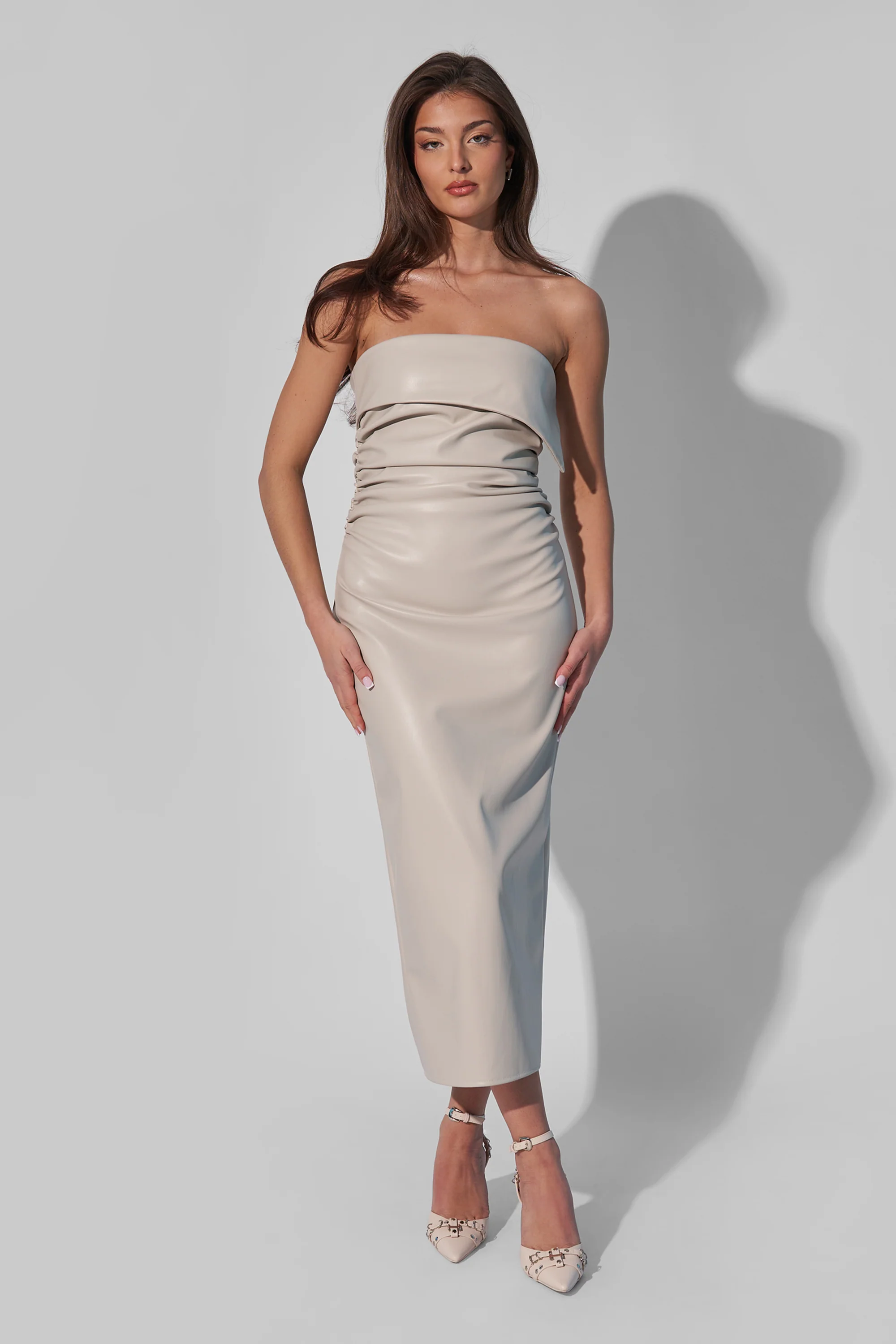 Kaiia Leather Look Ruched Bandeau Midaxi Dress in Ecru