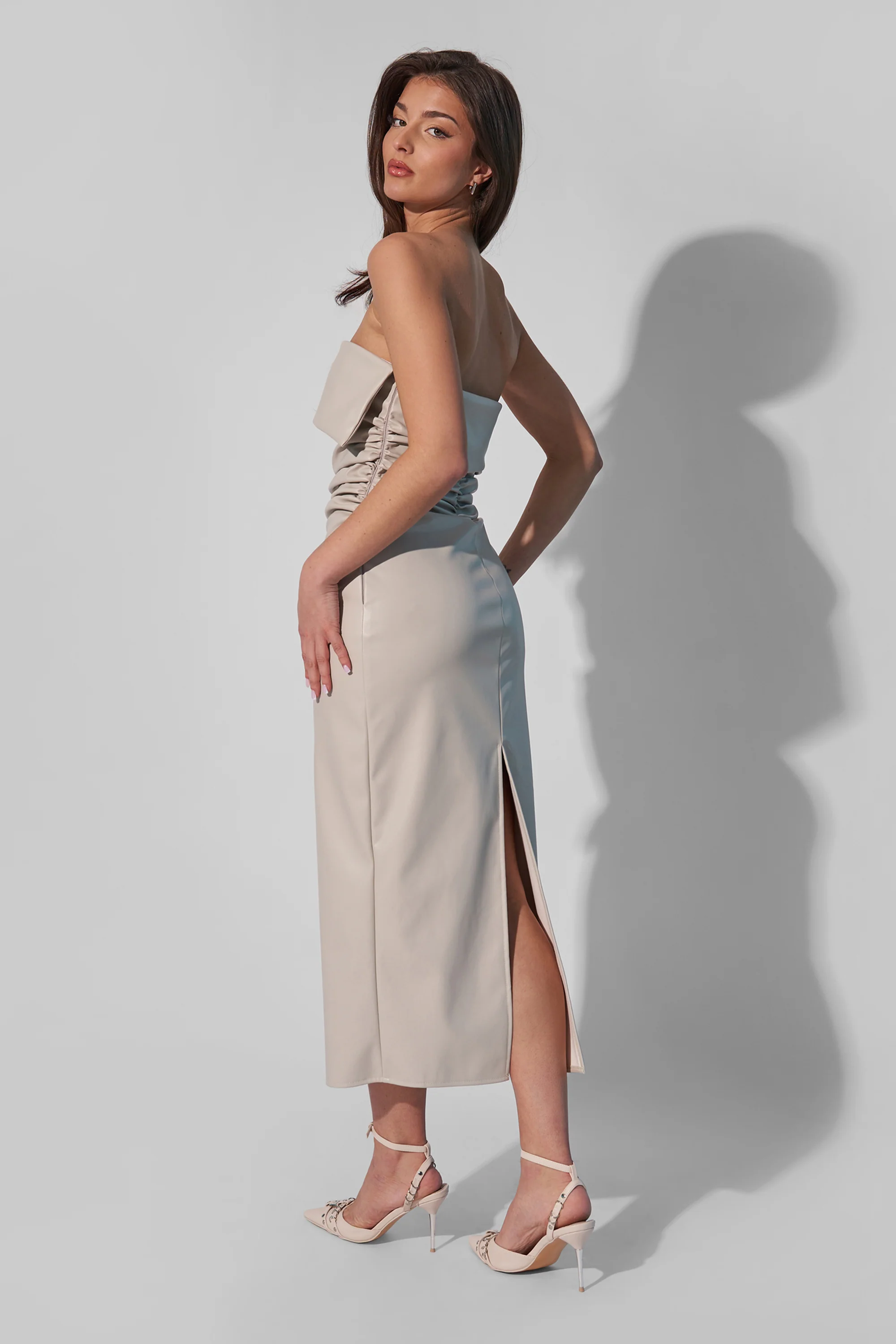 Kaiia Leather Look Ruched Bandeau Midaxi Dress in Ecru - Image 3