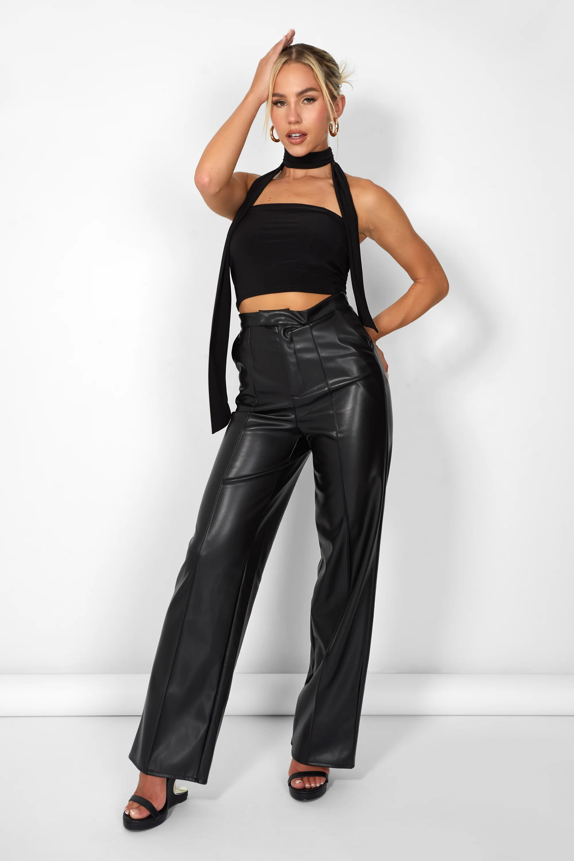 Kaiia Leather Look Wide Leg Trousers in Black - Image 2